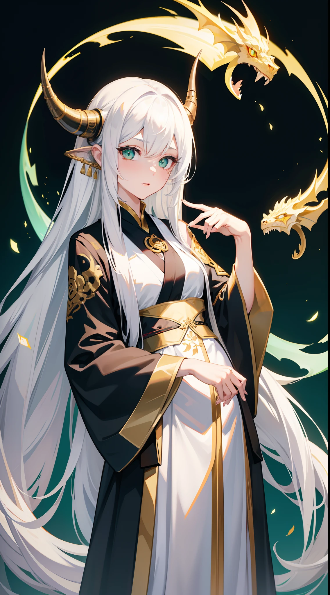 A woman with long white hair and horns in a white dress - SeaArt AI