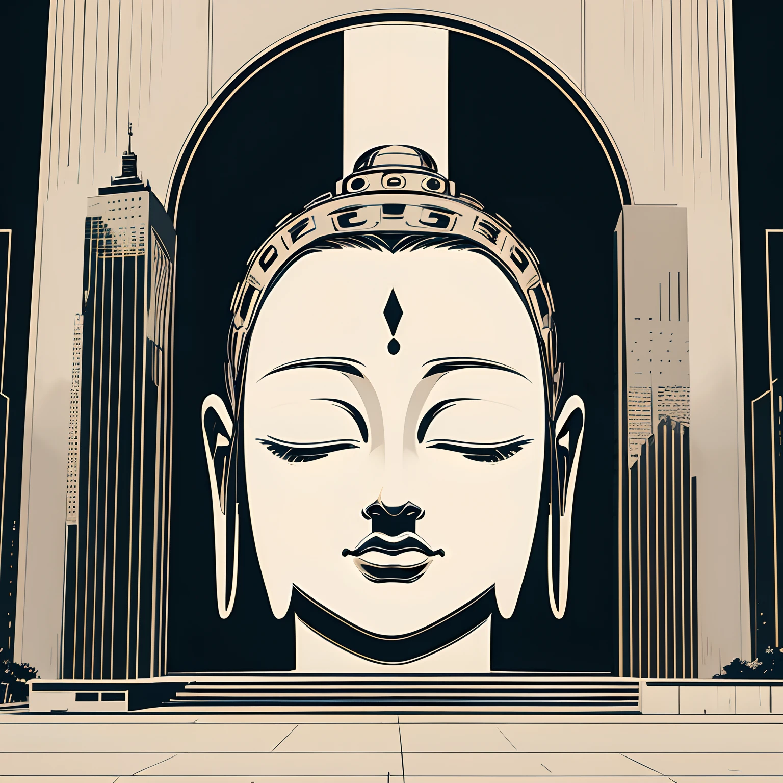 mural, Buddha, flat color, minimal art, minimalist_sci-fi_dystopia