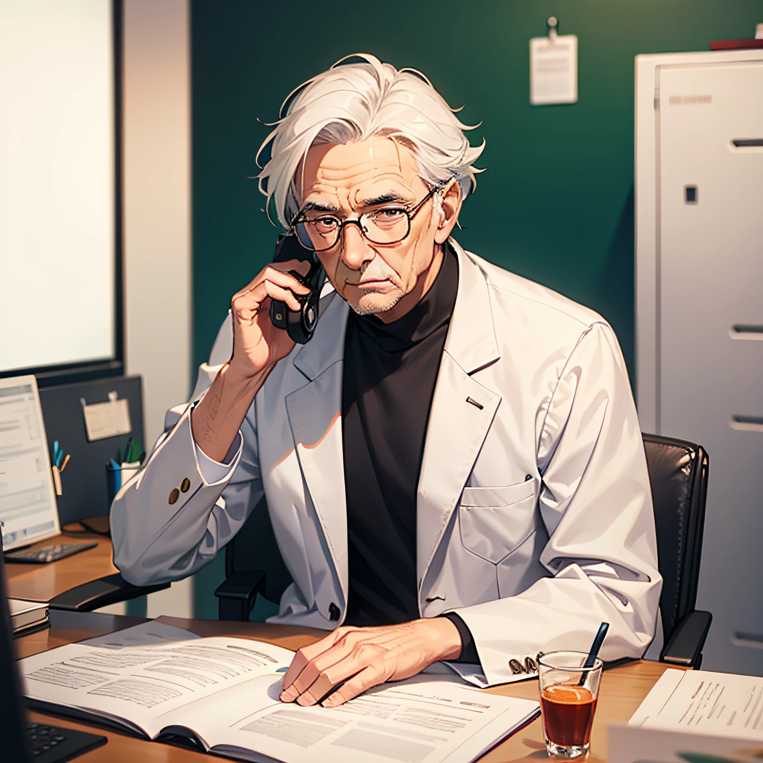 An old man in a white coat ,Sitting in the office on the phone