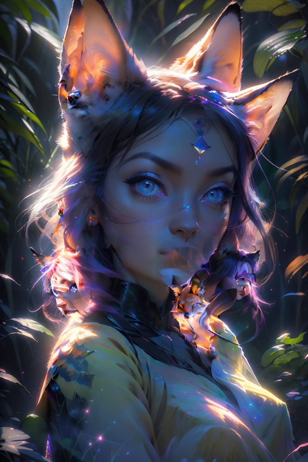 Antro Raposa realista de cores vivas iriscente com olhos brilhantes e cauda brilhante, ultra realistic antropomorph ethereal fox, raposa digital iriscente, arte de fantasia digital colorida, arte digital luminescente, Arte digital altamente detalhada em 4k, 8k arte impressionante, Arte bonita UHD 4K, Arte digital detalhada em 4k,