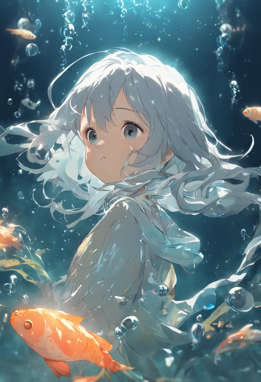 Silver-haired girl under the sea,Juvenile silver-haired shell house,Colorful bubbles,Small fish shining brightly,Clear lines,Best quality,The is very detailed,A unique plant,movie light effect,4K。