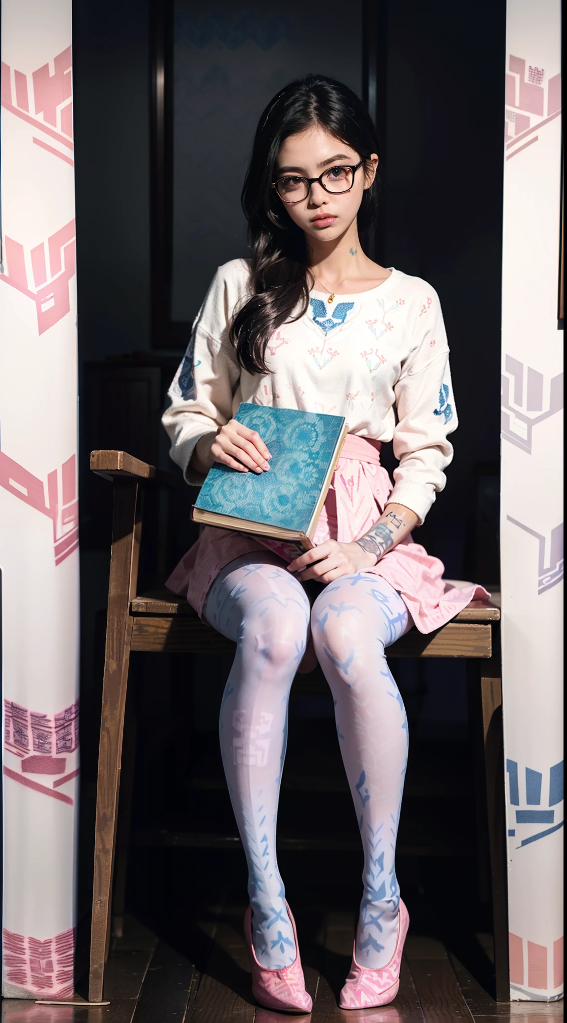 (full body:1.5)，(((1girl)):1.3),(view the viewer:1.4)，((anatomy correct):1.45),((Sitting in the forest):1.2),(He wears large glasses and holds a book in his hand:1.15),(shy:1.15)，(red Sailor dress with ribbons:1.2),(((((((((Patterned)))))))) ,(pantyhose):1.3),((((Pink tattoo))):1.3),( Uniform high heels leather shoes with bows for female students:1.1)，(Accurate and perfect face:1.3),(Blue-eyed blonde:1.2)，hyper HD, Ray traching, reflective light， structurally correct, Award-Awarded, high detail, lighten shade contrast, Face lighting ，cinematic lighting, masterpiece, super detailing, high quality, high detail, best quality, 16k，High contrast,