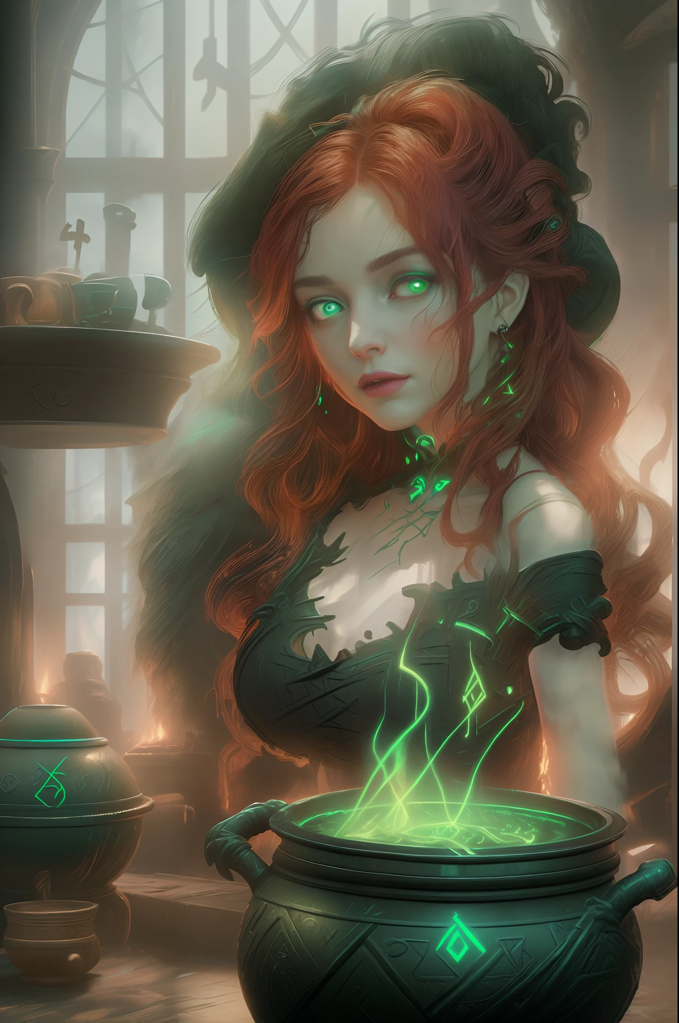 high details, best quality, 16k, RAW, [best detailed], masterpiece, best quality, (extremely detailed), full body (best details, Masterpiece, best quality), , ultra wide shot, photorealistic, fantasy art, RPG art, D&D art, a picture of a woman, witch brweing dark matter over big cauldron in the fire place, middle aged woman, exremley beautiful woman (best details, Masterpiece, best quality), ultra detailed face (best details, Masterpiece, best quality), red hair, long hair, wavy hair, dynamic eye color, pale skin, black dress (best details, Masterpiece, best quality), wearing black boots, large boilng cauldron, black cauldron, green mists GlowingRunes_green, coming from cauldron, a stove, middles ages house background, dim fire light, High Detail, Ultra High Quality, High Resolution, 16K Resolution, Ultra HD Pictures, 3D rendering Ultra Realistic, Clear Details, Realistic Detail, Ultra High Definition Waiting to start