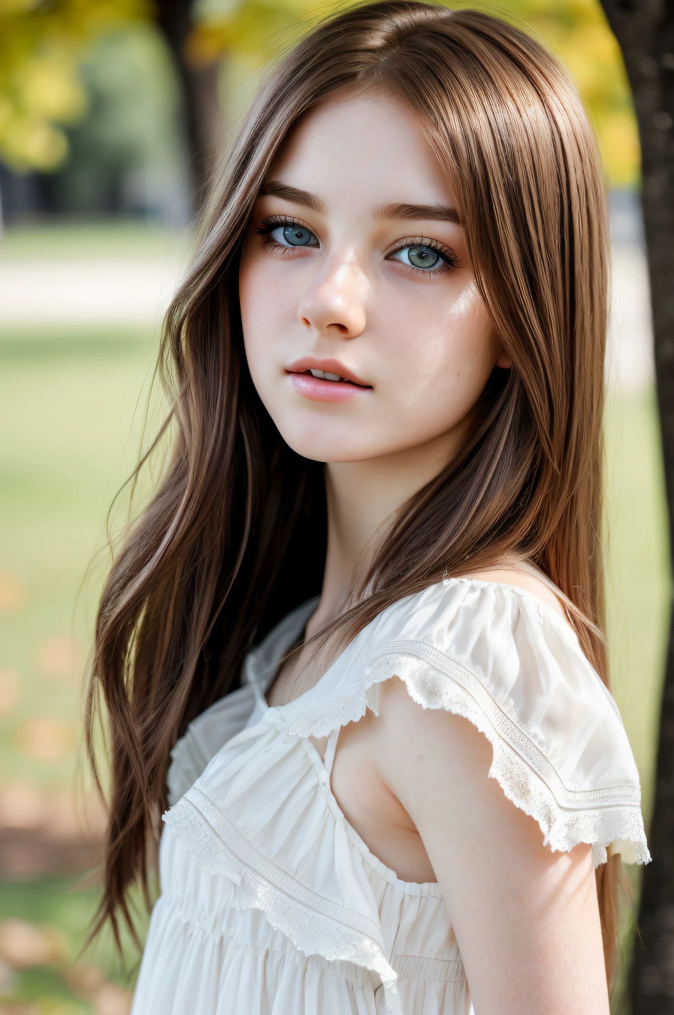 {best quality}, {{masterpiece}}, {highres}, extremely detailed girl, teenager, australian, {{{pale skin}}}, {{{detailed face}}}, {realistic}, sharp focus, {{{character{1 girl}}}}, solo, {{{white dress}}}, light smile, closed mouth, beautiful detailed eyes, hazel eyes, {{{{{sharp focus}}}}}, shiny hair, medium hair, light-brown hair, full body shot, park, windy