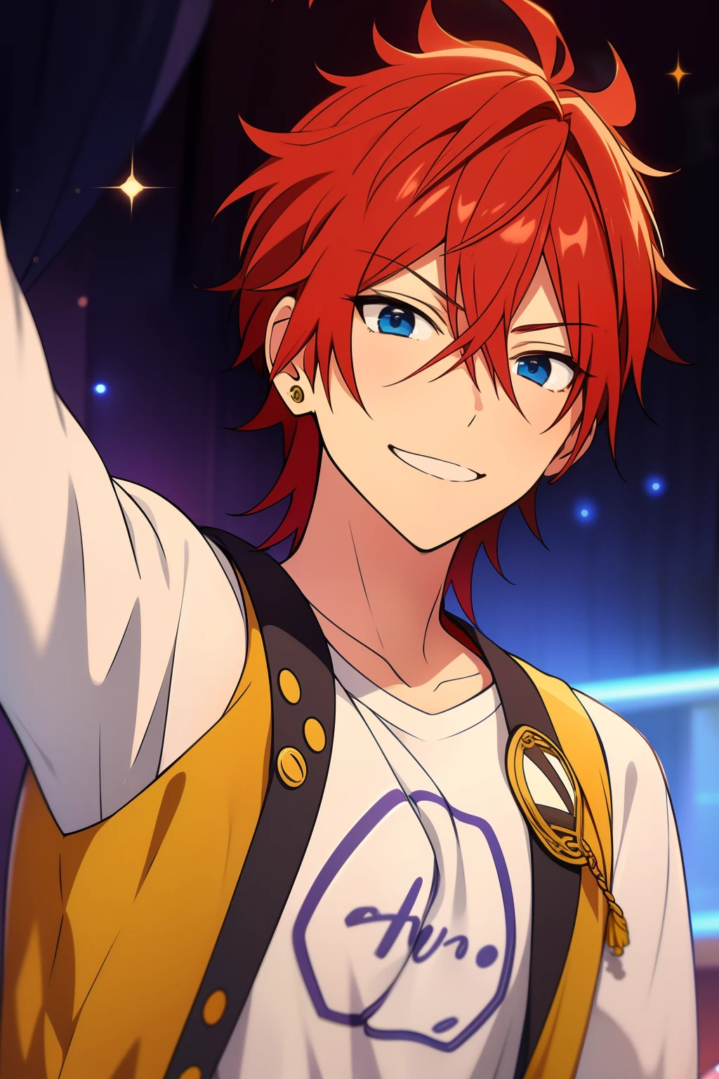 rinne amagi, rinne, ensemble stars, solo male, 1 male, rinne amagi male, short mullet hair, red hair, blue eyes