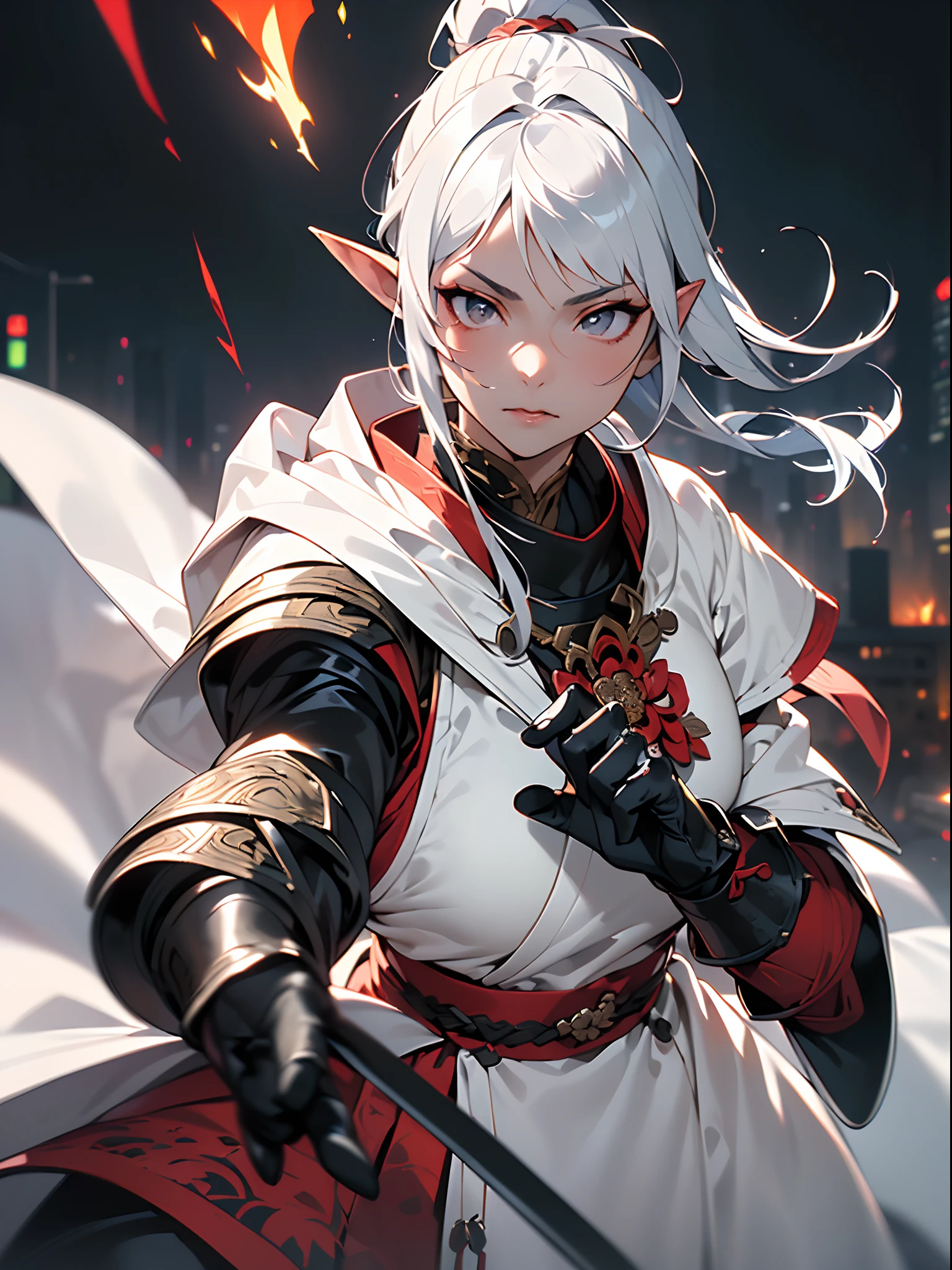 ((jpn)),((Best Quality)),((Beautifully painted)),((hight resolution)),1girl in,(((Beautiful elven daughter who shoots thunder from her whole body))),(((onmyouji))),(((suikan))),((White cloak with red decoration)),Luminescent bushy silver-haired ponytail,Shining eyes,(((black gauntlet and glove))),nice hand, Perfect hands,(((Fight black demon monsters in the streets of a big city on a blazing night))),((Flying flames)),armor,(face forcus),(((motion blur))),(((dynamic angle))),((cinematic lighting))