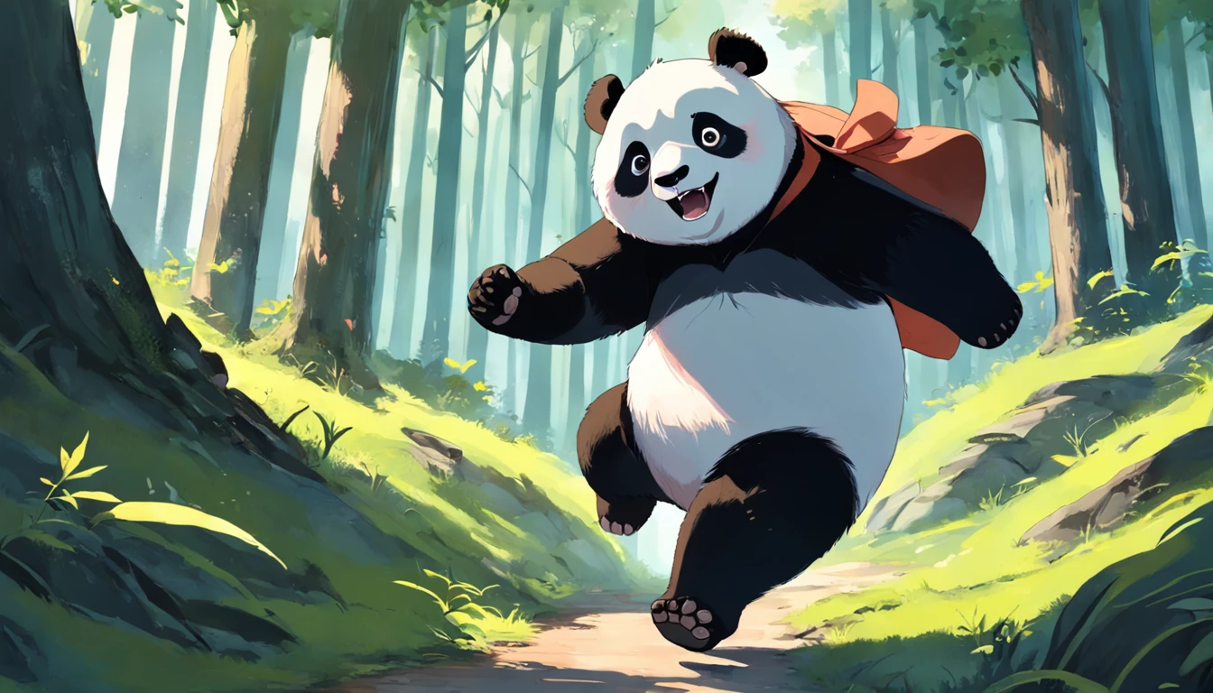 Draw a panda running and jumping in the forest, blending in with nature. The panda has fulfilled his dream, and is enjoying his new life. The painting should use bright, vibrant colors to express the panda's happiness and freedom.