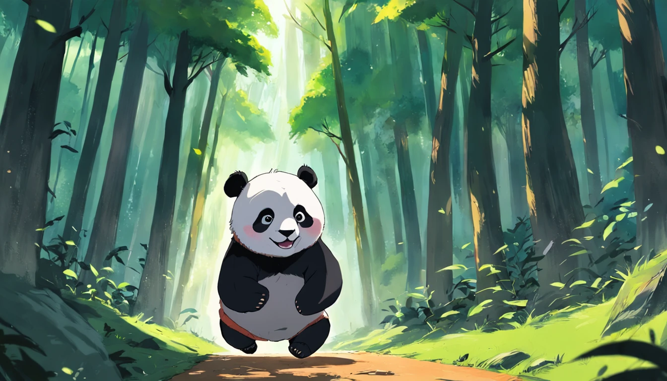 Draw a panda running and jumping in the forest, blending in with nature. The panda has fulfilled his dream, and is enjoying his new life. The painting should use bright, vibrant colors to express the panda's happiness and freedom.