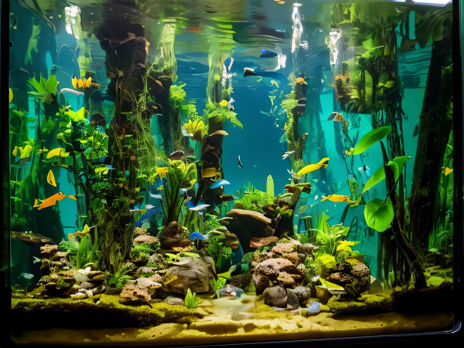 there is a fish tank with plants and rocks in it, river with low hanging plants, overgrown with aquatic plants, iwagumi aquascape, beautiful environment, front side full, medium wide front shot, full growth, very low light, cleaned up, filled with plants and habitats, jungle setting, front side view full sheet, very low contrast, lush environment
