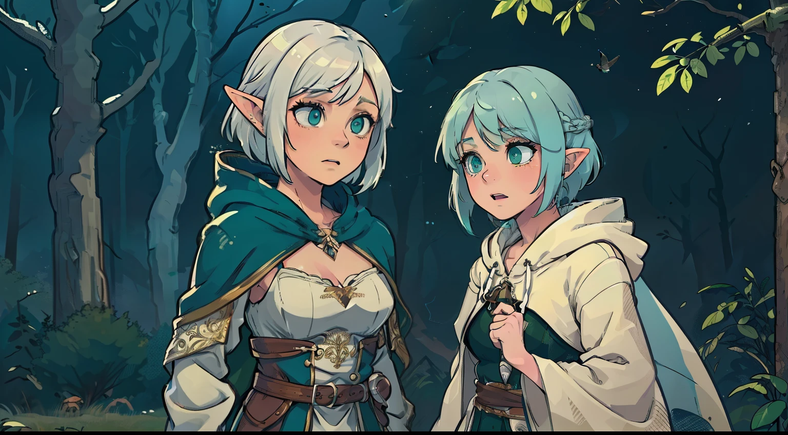 duo: Elven female ( white colored hair, Green eyes )Squatting ( concerned: 1,3 ) , Elven female( white colored hair, Cyan eyes ) Squatting, vibe ( With Skyrim in the background, woods ) ( letho ) ( Firefly: 1,2) ( Wear magical cloaks with a hood ) insane details, beautifully color-graded, Unreal engine, Depth of field, extra high resolution, megapixel, Cinematic Lightning, Smoothing, insanely detailed and intricate , Hyper maximalist, hyper realistic, volumetric, Photorealistic, ultra photorealistic, ultra- detailed, intricate details, 8K, Super detailed , Full color, voluminous lighting, HDR, Realistic, Unreal engine, 16k, sharp-focus, Octane Render, RTX. Incredibly detailed faces, Incredible fingers, Unbelievable eyes, Incredible hair, Incredible hands ( Incredible nature, drops, the wind, Sun, Birds, rays )