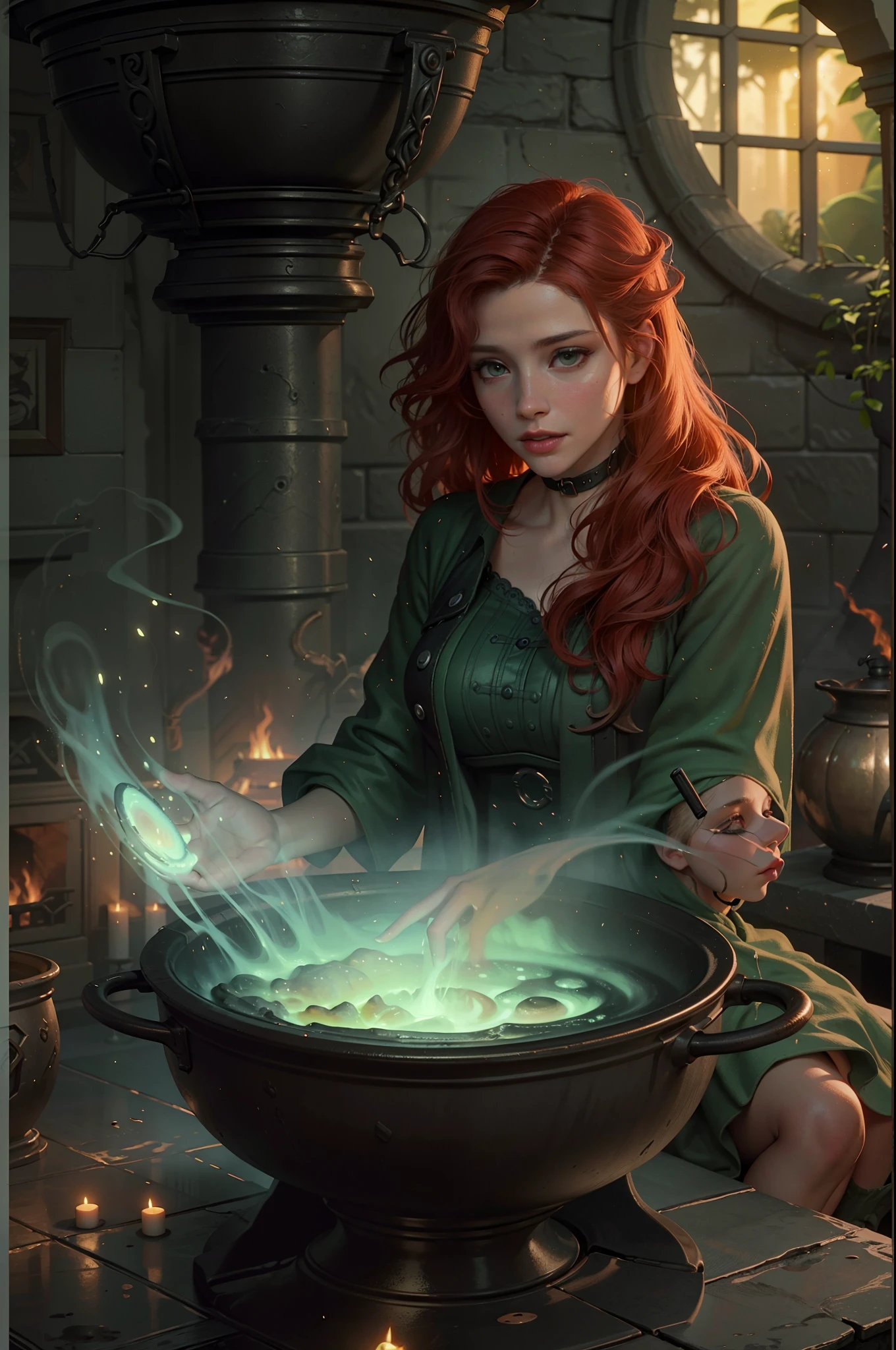 high details, best quality, 16k, RAW, [best detailed], masterpiece, best quality, (extremely detailed), full body (best details, Masterpiece, best quality), , ultra wide shot, photorealistic, fantasy art, RPG art, D&D art, a picture of a woman, witch brweing dark matter over big cauldron in the fire place, middle aged woman, exquisite beautiful woman (best details, Masterpiece, best quality), ultra detailed face (best details, Masterpiece, best quality), red hair, long hair, wavy hair, dynamic eye color, pale skin, green dress (best details, Masterpiece, best quality), wearing black boots, large boilng cauldron, black cauldron, green mists GlowingRunes_green, coming from cauldron, a stove, middles ages house background, dim fire light, High Detail, Ultra High Quality, High Resolution, 16K Resolution, Ultra HD Pictures, 3D rendering Ultra Realistic, Clear Details, Realistic Detail, Ultra High Definition Waiting to start