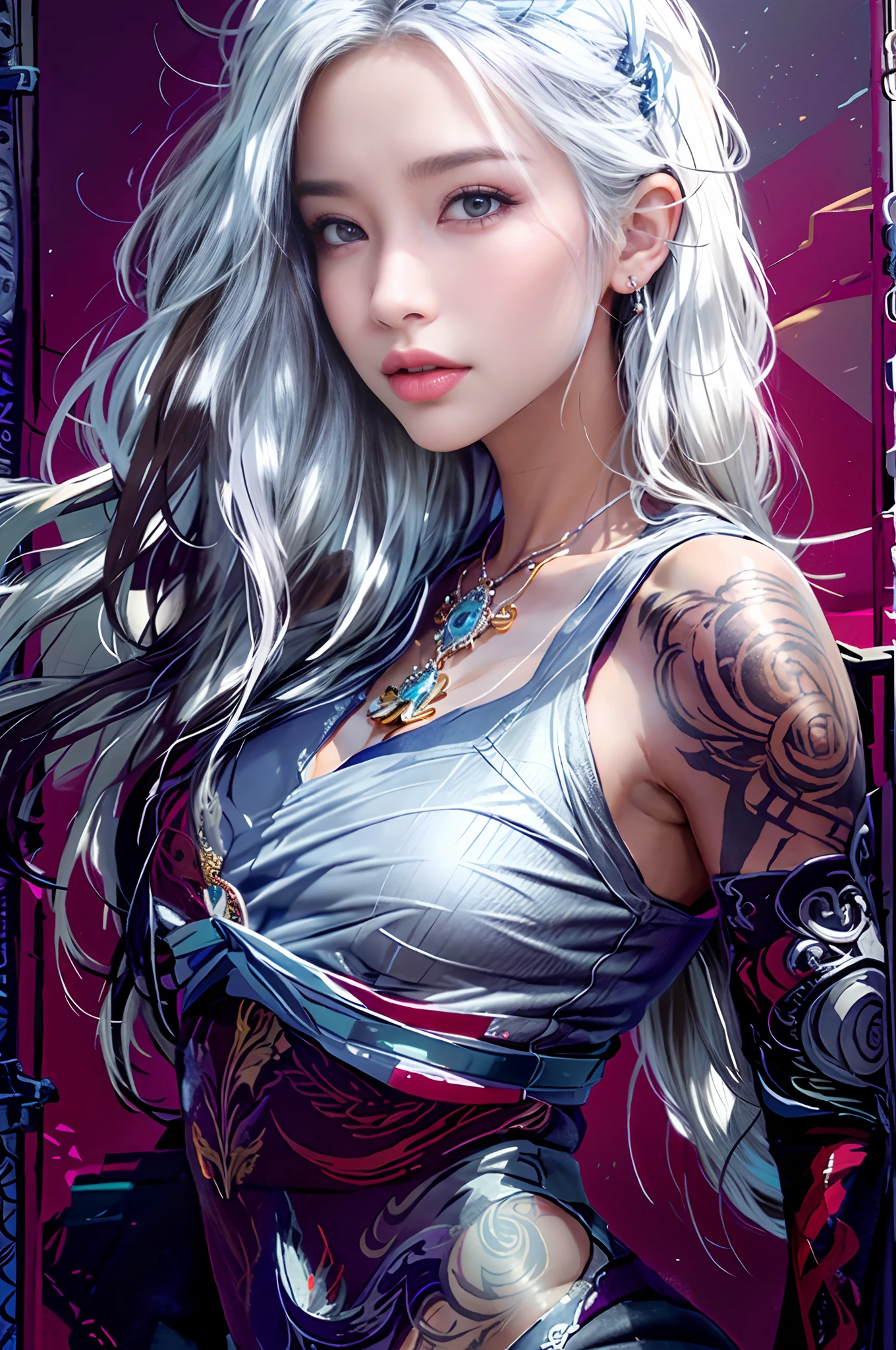 Photorealistic, High resolution, 1womanl, Solo, hips up high, look at viewr, (Detailed face), White hair, Long hair, dancer, Jewelry, The tattoo