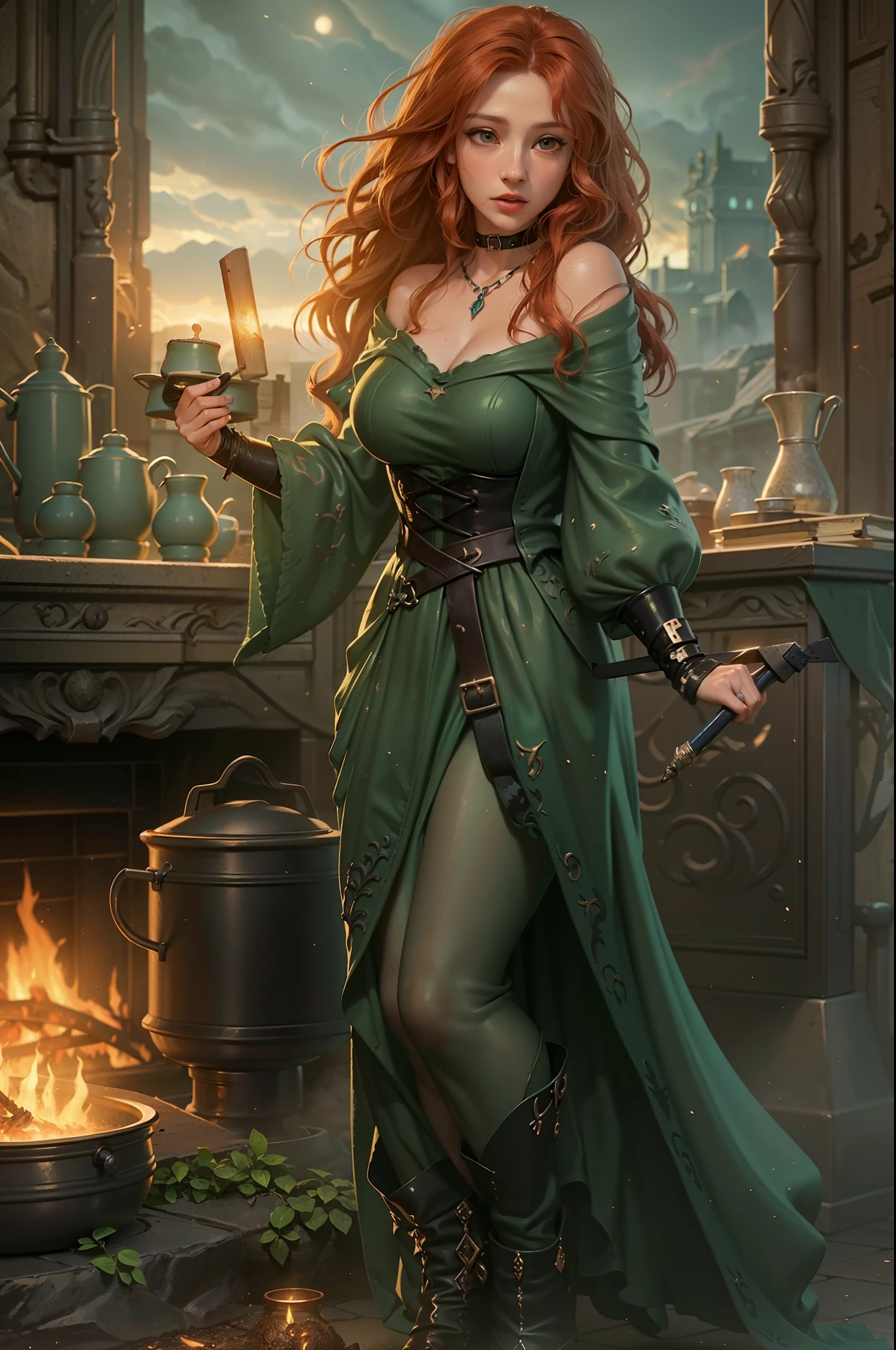 high details, best quality, 16k, RAW, [best detailed], masterpiece, best quality, (extremely detailed), full body (best details, Masterpiece, best quality), , ultra wide shot, photorealistic, fantasy art, RPG art, D&D art, a picture of a woman, witch brweing dark matter over big cauldron in the fire place, middle aged woman, exquisite beautiful woman (best details, Masterpiece, best quality), ultra detailed face (best details, Masterpiece, best quality), red hair, long hair, wavy hair, dynamic eye color, pale skin, green dress (best details, Masterpiece, best quality), wearing black boots, large boilng cauldron, black cauldron, green mists GlowingRunes_green, coming from cauldron, a stove, middles ages house background, dim fire light, High Detail, Ultra High Quality, High Resolution, 16K Resolution, Ultra HD Pictures, 3D rendering Ultra Realistic, Clear Details, Realistic Detail, Ultra High Definition Waiting to start