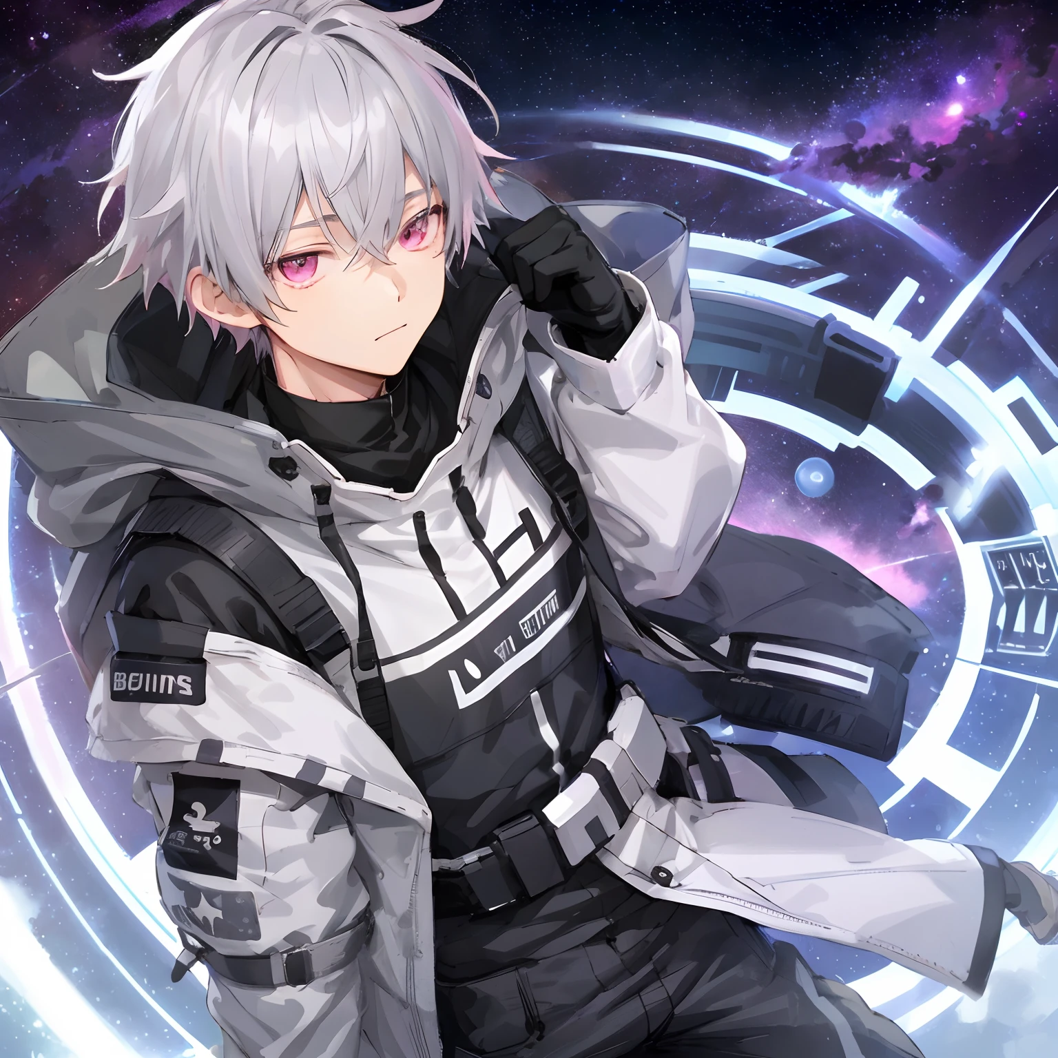 1 boy, gray hair, pink eyes, space, station, boss, clothing with elements of fluffy, reference, Anime boy, digital sketch, highest quality digital art