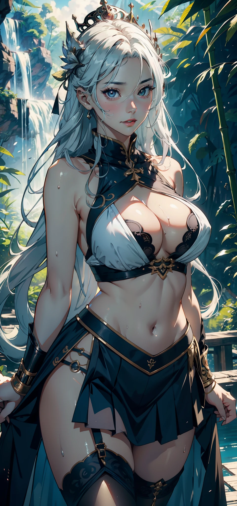1female，35yo，熟妇，long leges，Big breasts Thin waist，Slim，huge-breasted ，Pornographic exposure， 独奏，（Background with：bamboo forrest，lotuses，lotus flower，exteriors，Lotus pond） She has short silver-white hair，standing on your feet，Sweat profusely，drenched all over the body，seen from the front， hair straight， mostly cloudy sky，（（（tmasterpiece），（Very detailed CG unity 8K wallpaper），best qualtiy，cinmatic lighting，detailed back ground，beatiful detailed eyes，Bright pupils，Black eyes，（Very fine and beautiful），（Beautiful and detailed eye description），ultra - detailed，tmasterpiece，）），facing at camera，A high resolution，ultra - detailed），revealing breasts，Bare genitalia，  Bulge，legs are open，Raised sexy，Camel toes，Flushed complexion，Open-mouthed，frontage，silver ornaments，crown（Wearing：HmongCostume，Blue ultra-short pleated skirt，nakeness，Leakage out of the breast）