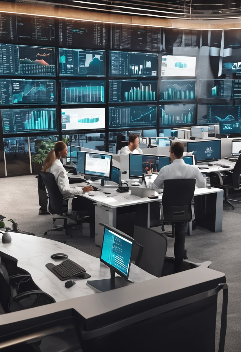 Generate a realistic image of a modern brokerage office. The office is well-lit with natural light coming in through large windows. The employees are sitting at their desks, attentively looking at their computer screens which display detailed and clear forex charts. The office layout is organized and professional, with ergonomic furniture and sleek design. The forex charts on the screens are vibrant and easy to read, showing real-time market data. The overall atmosphere is focused and dynamic, capturing the intensity of trading. The scene should be detailed and sharp, avoiding any distortions or blurry elements. The people in the image should be realistically proportioned and well-defined, without any deformities or silhouettes. The technology and equipment in the office should be accurately represented, with a sense of authenticity and attention to detail.