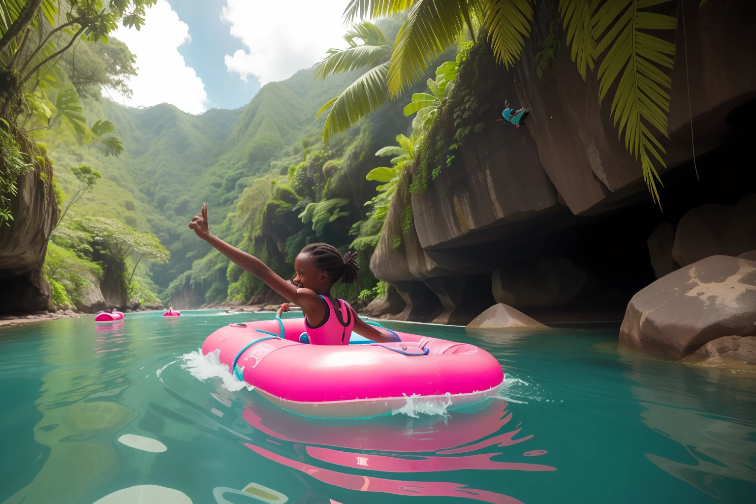 Date: 2018
Country: Dominica
Description: A teenager joyfully navigates a vibrant pink inner tube down a clear river, surrounded by lush rainforest and rocky cliffs, capturing the exhilaration of adventure in the heart of nature.