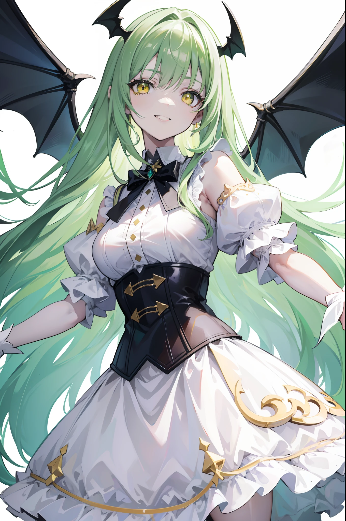 white skirt,green hair, long hair, white skirt,black corset dress,8K, masterpiece,16 years old highly detailed face,medium breast,solid circle eyes,bat wing:1.3,yellow eyes,god ray,detailed shading,depth of field,smile in a grin:1.3, flat color
