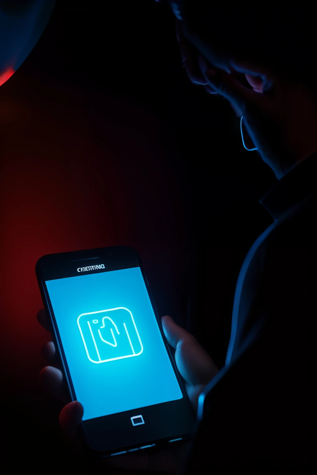 man scrolling mobile phone screen in dark room with neon lights