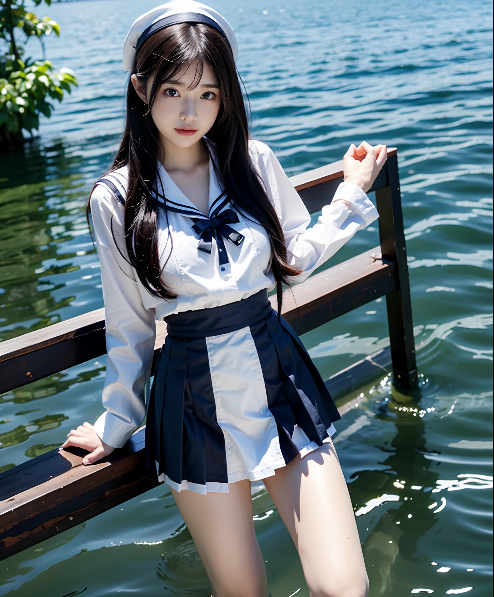 A woman in a sailor's suit walks in water, one-girl,Sailor uniform, Kantai collection style, Anime girl cosplay, cosplay foto, girl in uniform, seifuku, Wearing a Japanese school uniform, Japanese school uniform, female sailor uniforms, Anime girl in real life, azur lane style, sailor outfit, sailor uniformm, double tails ,White silk high socks,White stockings,full bodyesbian,Raised sexy,Plump breasts