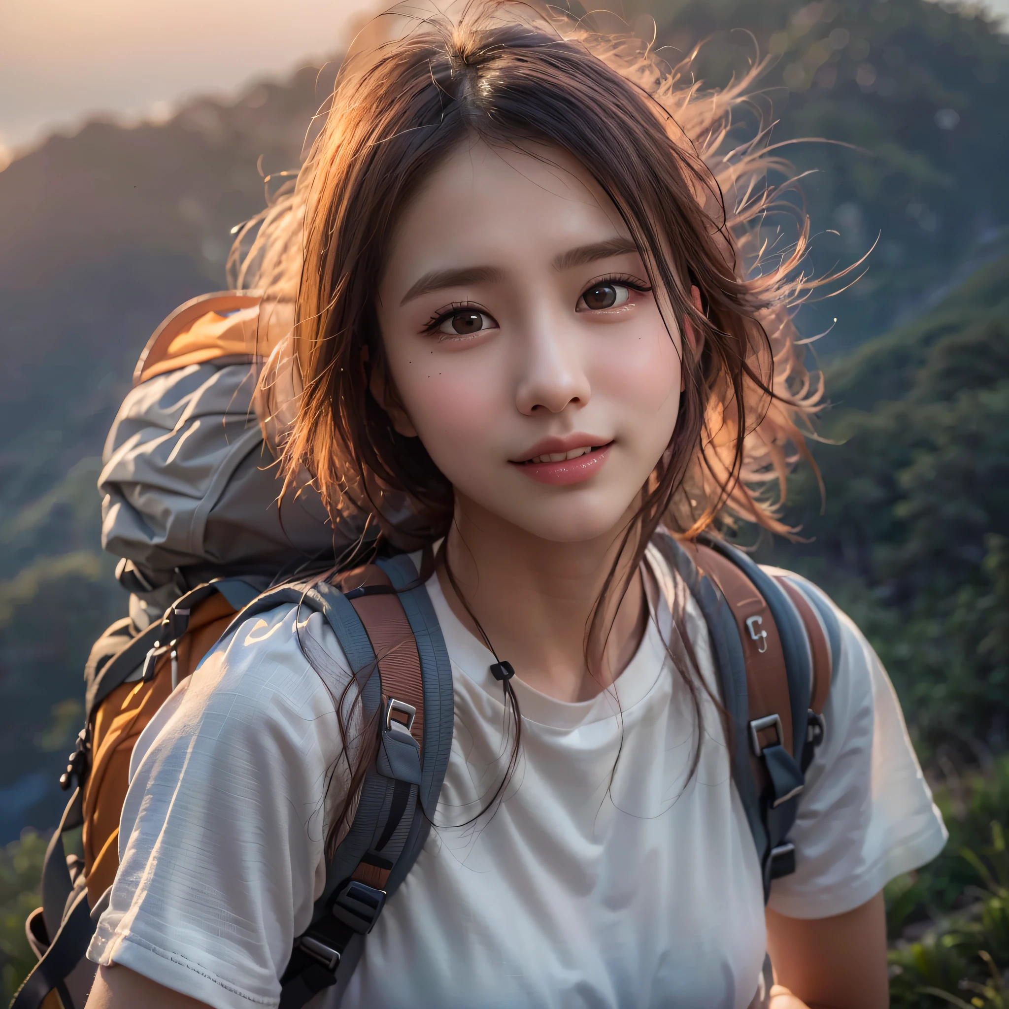 best quality, masterpiece, ultra high res, (photorealistic:1.3), RAW photo, (Naturescape photography), (Magnificent mountain, sea of clouds), (On a very high mountain peak), (sunset), (Rugged mountains),
(1girl), (upper body), (20 year old), (smile:0.8), (shiny skin),
(white t-shirts), (Trekking shorts), (backpack),
(ultra detailed face), (ultra Beautiful fece), (ultra detailed eyes), (ultra detailed nose), (ultra detailed mouth), (ultra detailed arms), (ultra detailed body), Sony α7, 85mm Lens, f9.0, pan focus