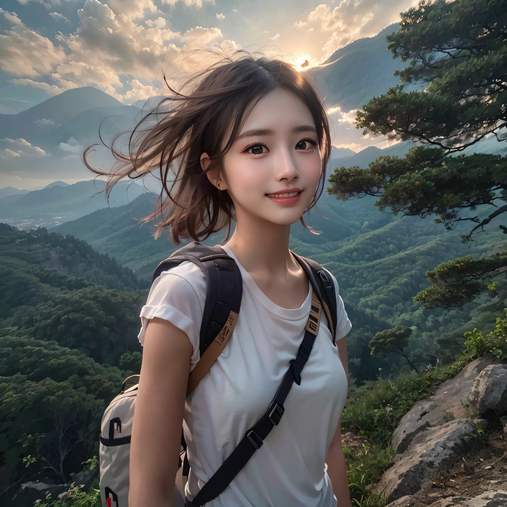 best quality, masterpiece, ultra high res, (photorealistic:1.3), RAW photo, (Naturescape photography), (Magnificent mountain, sea of clouds), (On a very high mountain peak), (sunset), 
(1girl), (upper body), (20 year old), (smile:0.9), (shiny skin), (short hair, dark brown hair), 
(white t-shirts), (Trekking shorts), (Carrying a large backpack), 
(ultra detailed face), (ultra Beautiful fece), (ultra detailed eyes), (ultra detailed nose), (ultra detailed mouth), (ultra detailed arms), (ultra detailed body),  Sony α7, 85mm Lens, f9.0, pan focus