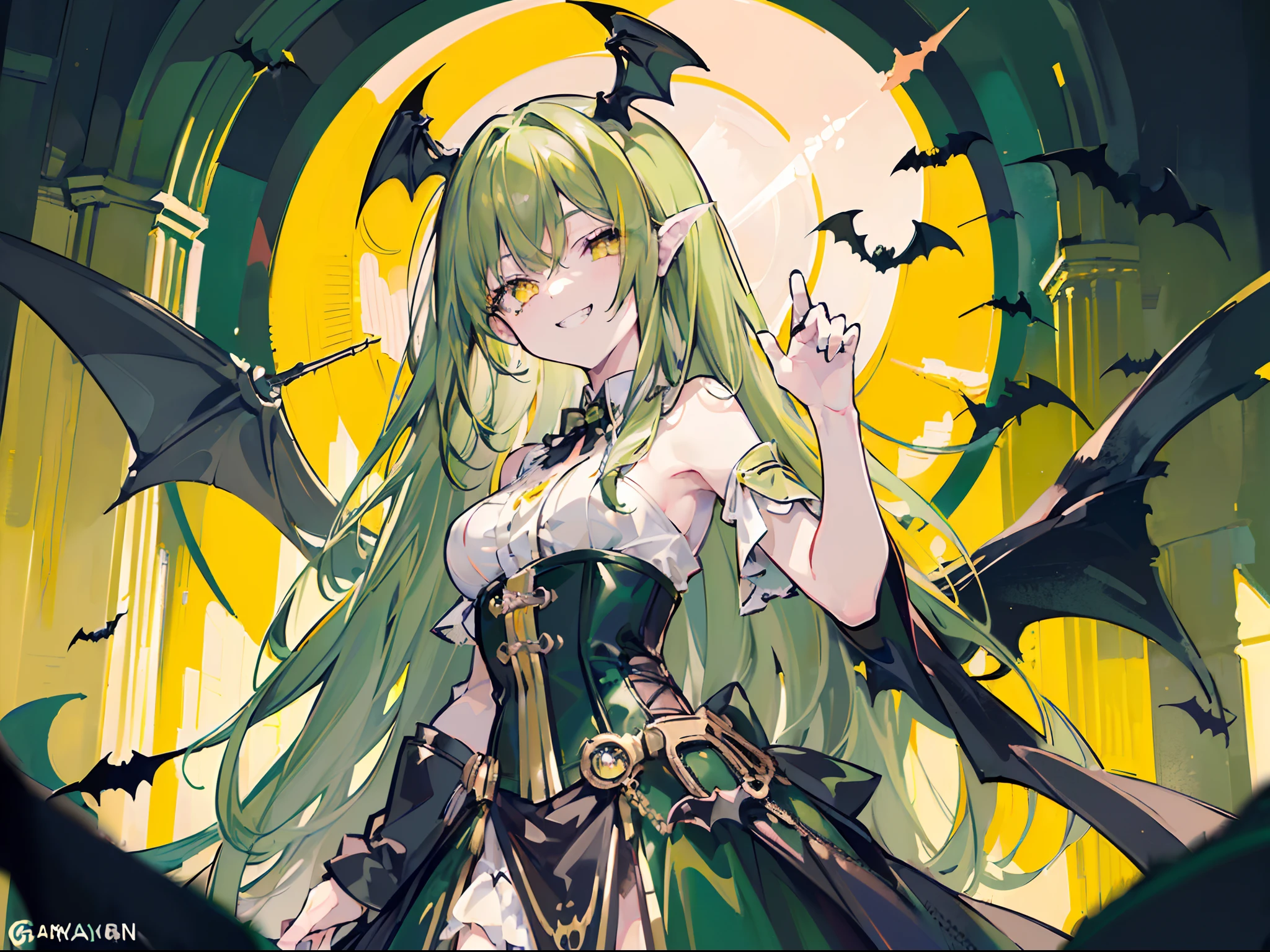 ((green hair)), ((long hair)),((black corset dress)),((8K)), ((masterpiece)),((************)) ((highly detailed face)),((medium breast)),((solid circle eyes)),((bat wing:1.3)),((yellow eyes)),((god ray)),((detailed shading)),((depth of field)),((smile in a grin:1.3)),((from below))