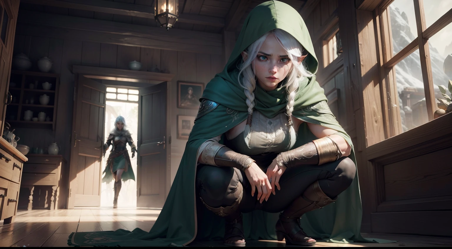 duo: Elven female ( Golden hair, Green eyes )Squatting ( commotion: 1,3 ) , Elven female( Golden hair, Cyan eyes ) Squatting, Scary atmosphere (( In a house from Skyrim, Stealing things)) (Adding symbols, Theft from the chest) ( Wear magical cloaks with a hood ) (((( Illegally snuck into the house )))) ((Medieval times )) ( Bad ) ((( the night ))) (( At night )) (( confusion )) (( crime )) beautifully color-graded, Unreal engine, Depth of field, extra high resolution, megapixel, Cinematic Lightning, Smoothing, insanely detailed and intricate , Hyper maximalist, hyper realistic, volumetric, Photorealistic, ultra photorealistic, ultra- detailed, intricate details, 8K, Unreal Engine 5, Blender, Render