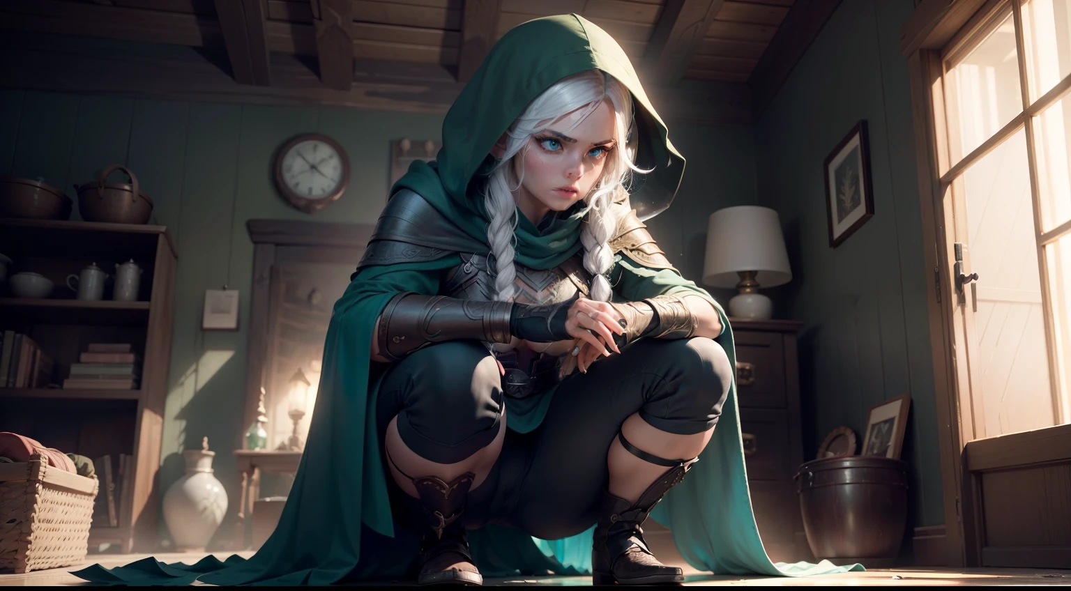 duo: Elven female ( white colored hair, Green eyes )Squatting ( concerned: 1,3 ) , Elven female( white colored hair, Cyan eyes ) Squatting, vibe (( In a house from Skyrim, stealing things)) (Add Characters stealing) ( Firefly: 1,2) ( Wear magical cloaks with a hood ) insane details, beautifully color-graded, Unreal engine, Depth of field, extra high resolution, megapixel, Cinematic Lightning, Smoothing, insanely detailed and intricate , Hyper maximalist, hyper realistic, volumetric, Photorealistic, ultra photorealistic, ultra- detailed, intricate details, 8K, Super detailed , Full color, voluminous lighting, HDR, Realistic, Unreal engine, 16k, sharp-focus, Octane Render, RTX. Incredibly detailed faces, Incredible fingers, Unbelievable eyes, Incredible hair, Incredible hands