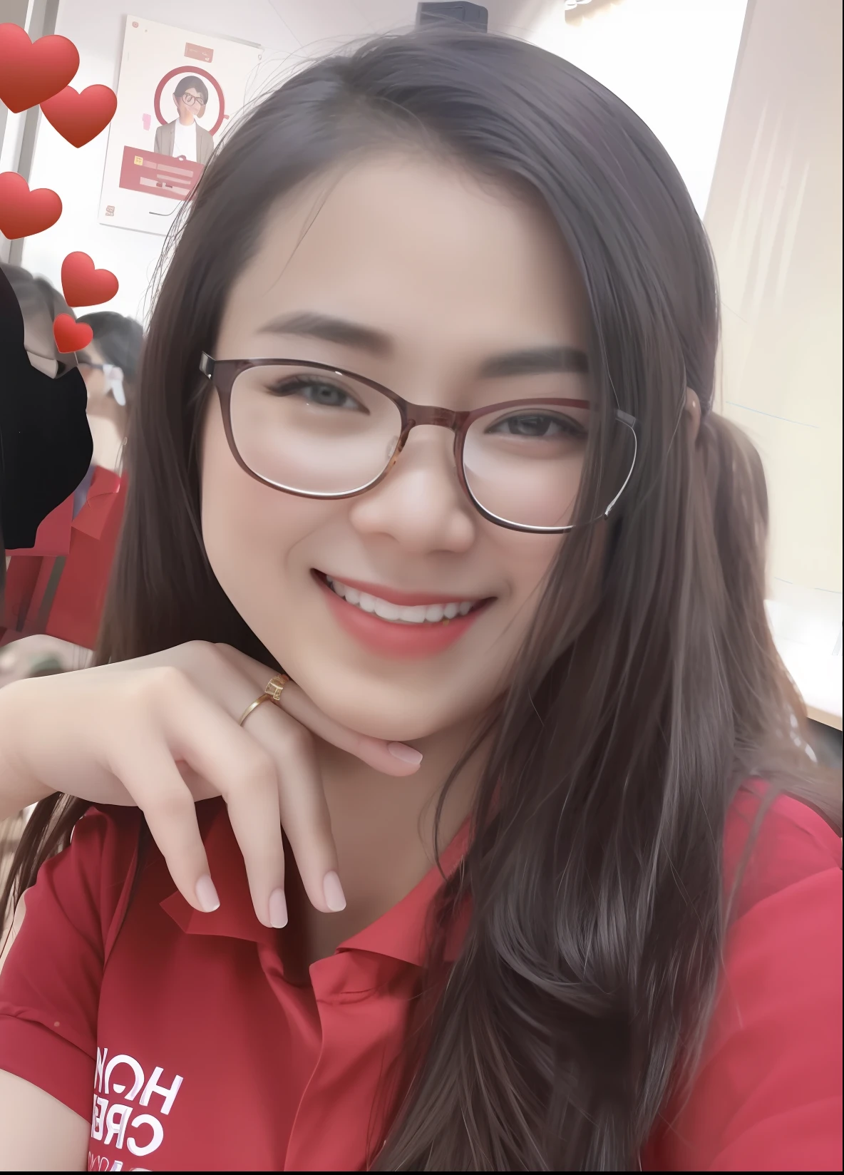 arafed woman in red shirt and glasses smiling at camera, dang my linh, mai anh tran, ruan cute vtuber, profile picture, nivanh chanthara, lovely smile, profile image, professional profile picture, with glasses, friendly smile, very low quality, hoang long ly, sakimi chan, headshot profile picture, a picture, dancer full body