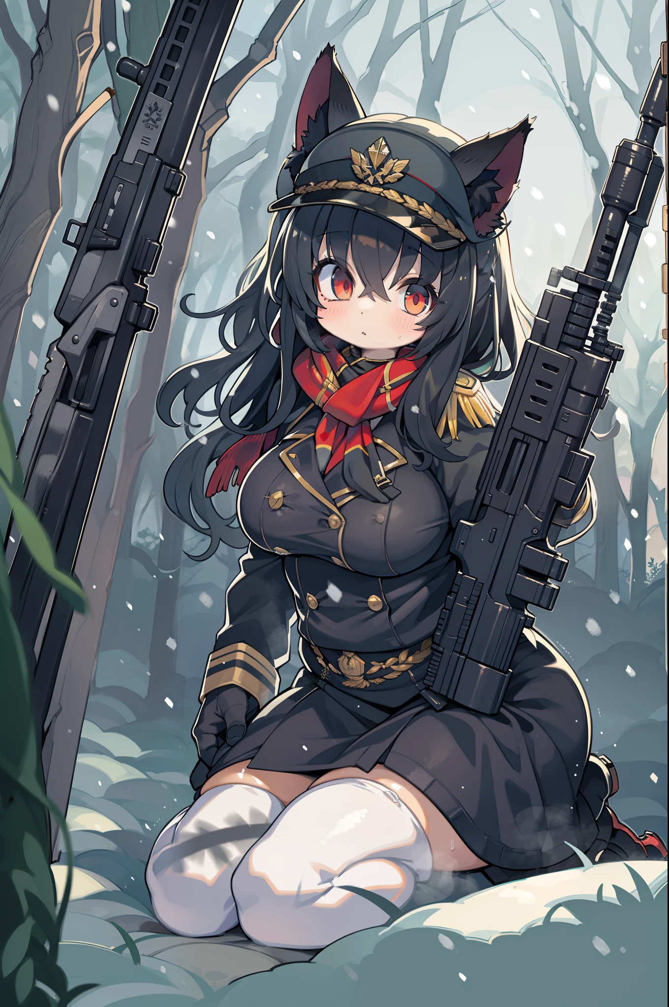 snowy forest, Black hair, Cat ears, Cat Girl, Red Eyes, Kneeling, Nazi officer uniform, Nazi, Germany, Black Officer Uniform,huge-breasted、Giant Sniper Rifle、From the top、Overhead view