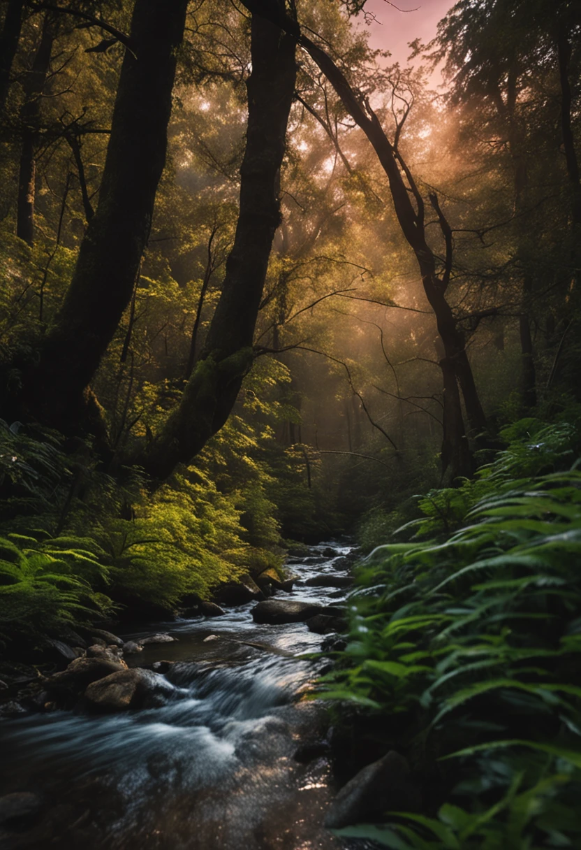 A stream flows in a dimly lit forest