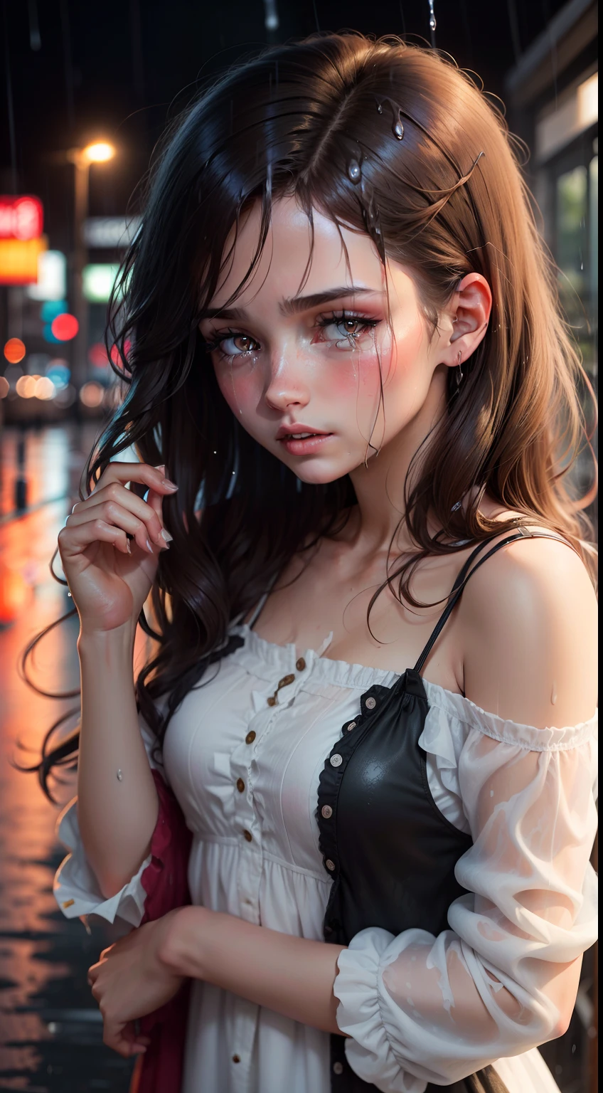 20 year old brunette girl in a torn dress crying in the rain, hair drenched, make-up smudged