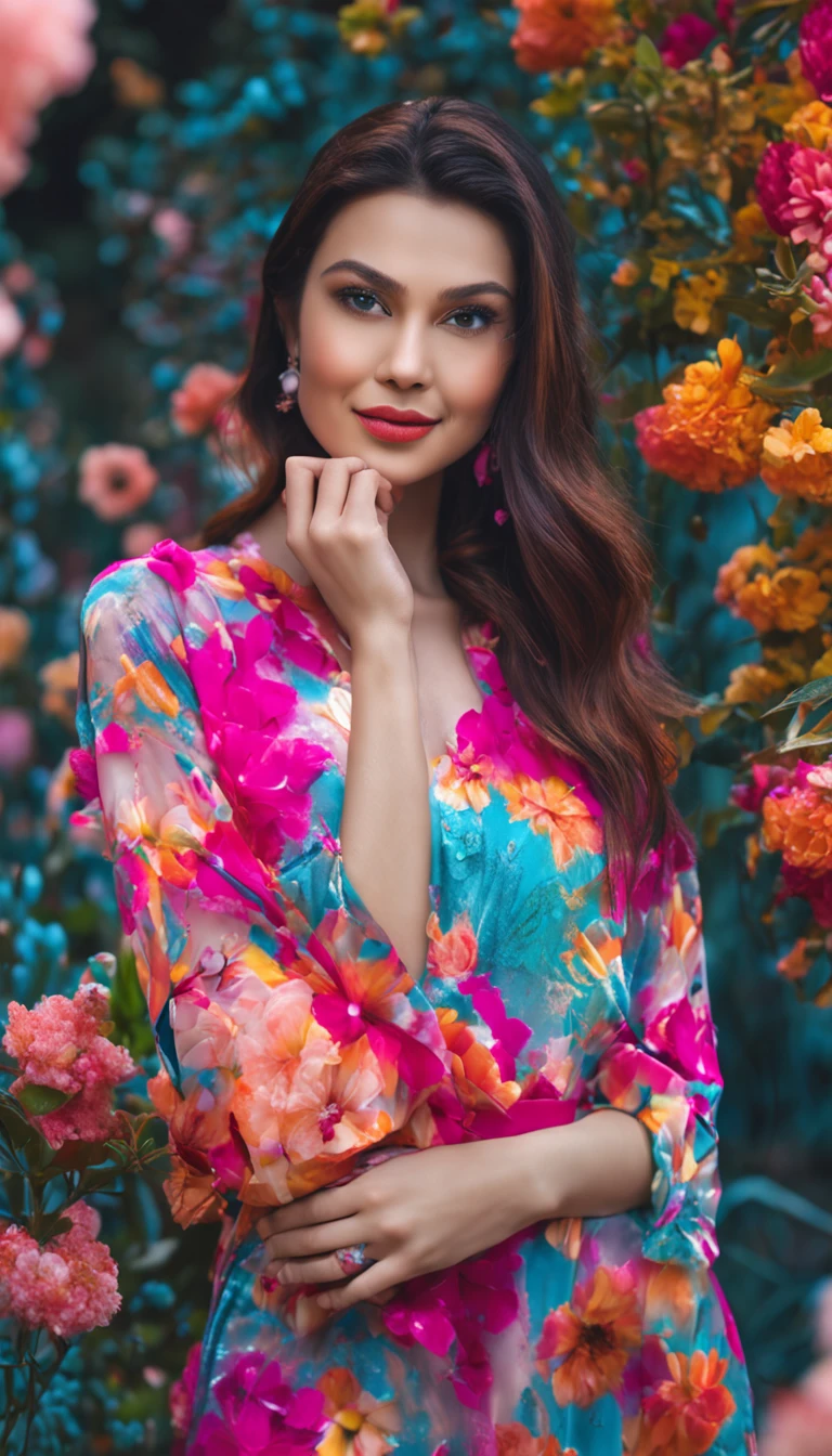 In a lush flower garden, amidst vibrant blossoms, stood a beautiful girl, her radiant smile matching the colors around her. Her modern yet elegant style dazzled those who laid eyes on her, adding a touch of allure to the enchanting scene, high shine and glow, neon multicolor art
