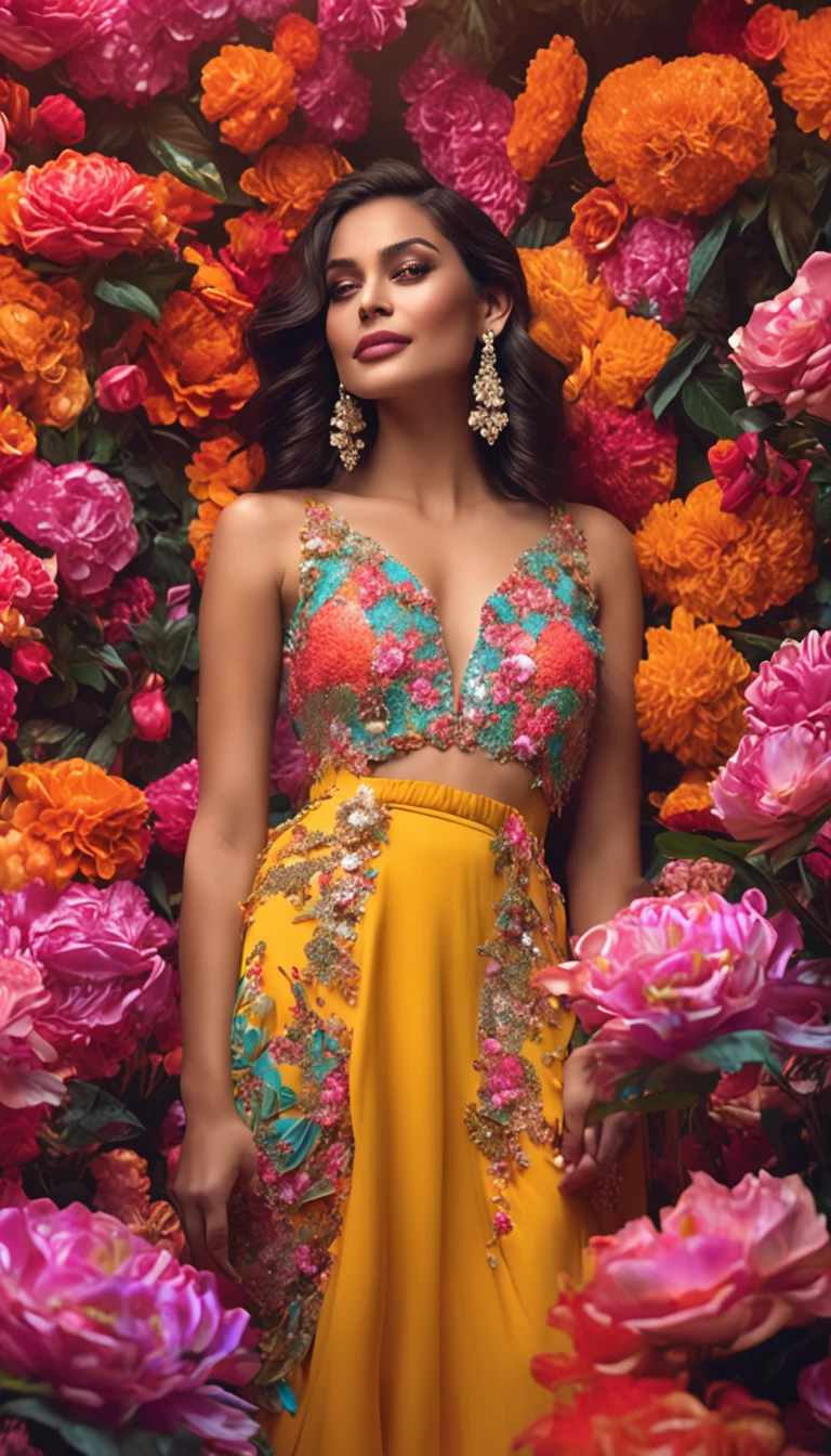 In a lush flower garden, amidst vibrant blossoms, stood a beautiful girl, her radiant smile matching the colors around her. Her modern yet elegant style dazzled those who laid eyes on her, adding a touch of allure to the enchanting scene, high shine and glow, neon multicolor art