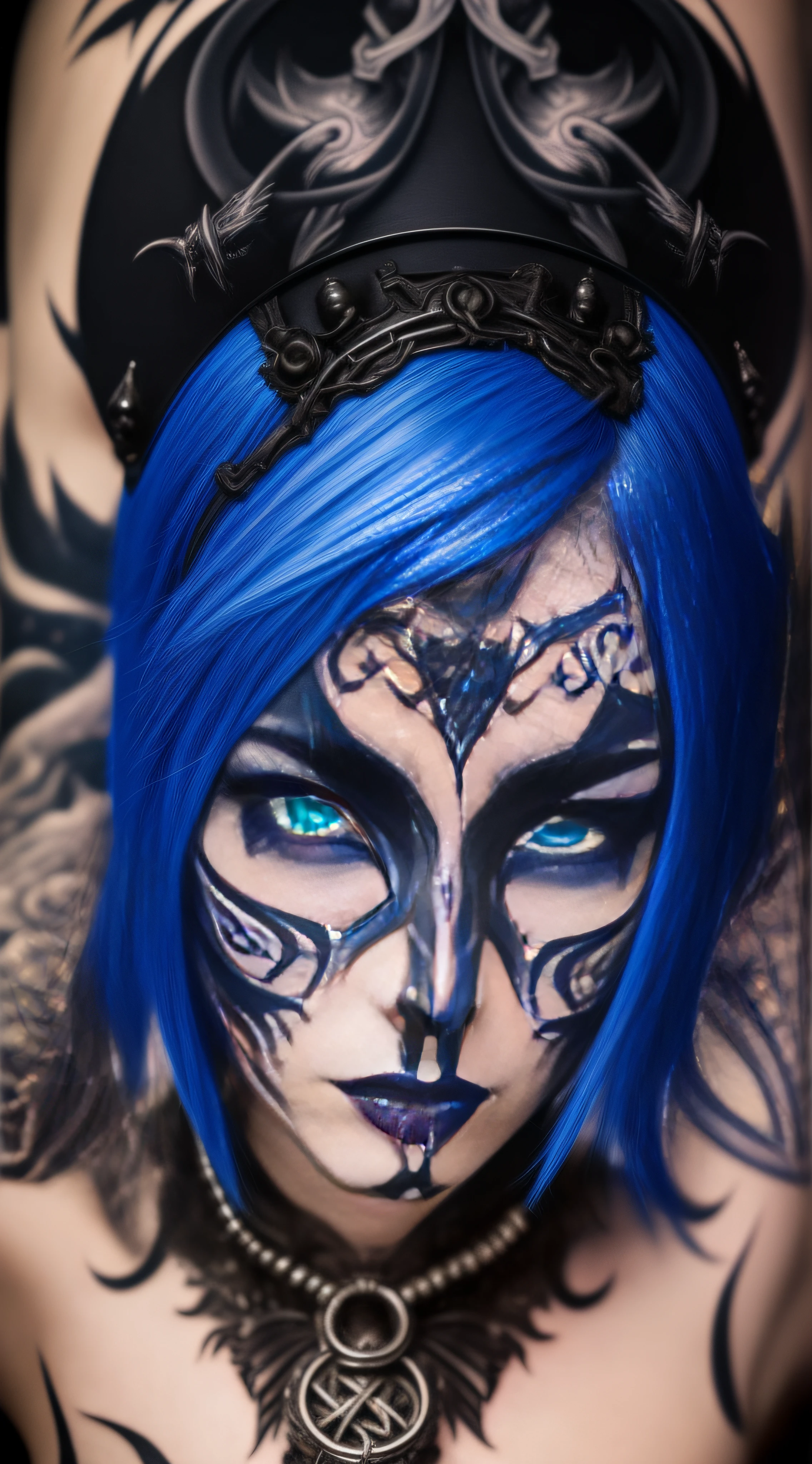 a hyper realistic ultra detailed photograph full body of a Satanic Demon witch, black eyes, blue hair, tattoo face, bogota, Trippy, detailed gorgeous face, apocalyptic environment, exquisite detail, detailed symmetric beautiful hazel eyes, sharp focus, studio photo, intricate details, highly detailed, 32K resolution, perfect composition, perfect face, ultra detailed