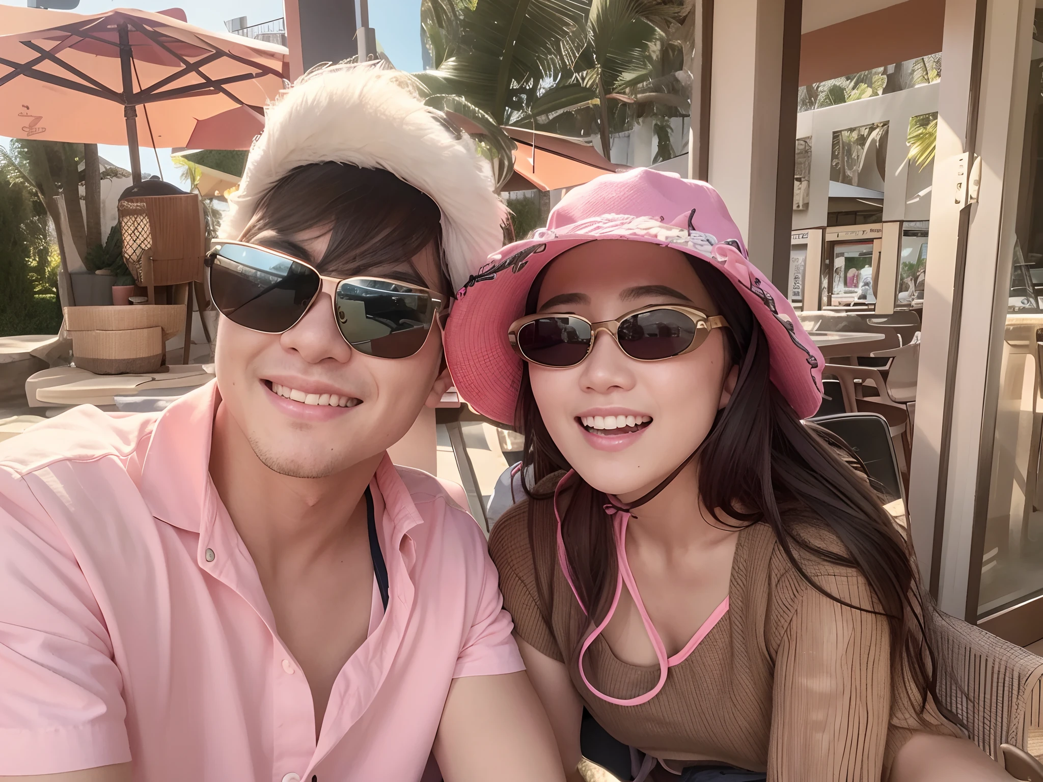 A young couple are posing for a picture in a field with trees wearing dark sunglasses, the girl has long wavy brown hair and wearing a white sleeveless halter dress, the boy has black short hair wearing a grey hat and white t-shirt, both are wearing a sun hat, in front of a forest background, vacation photo, lovely couple, 8k selfie photograph, park in background, photo taken with canon 5d, couple, taken with sony alpha 9, a picture, trees in the background