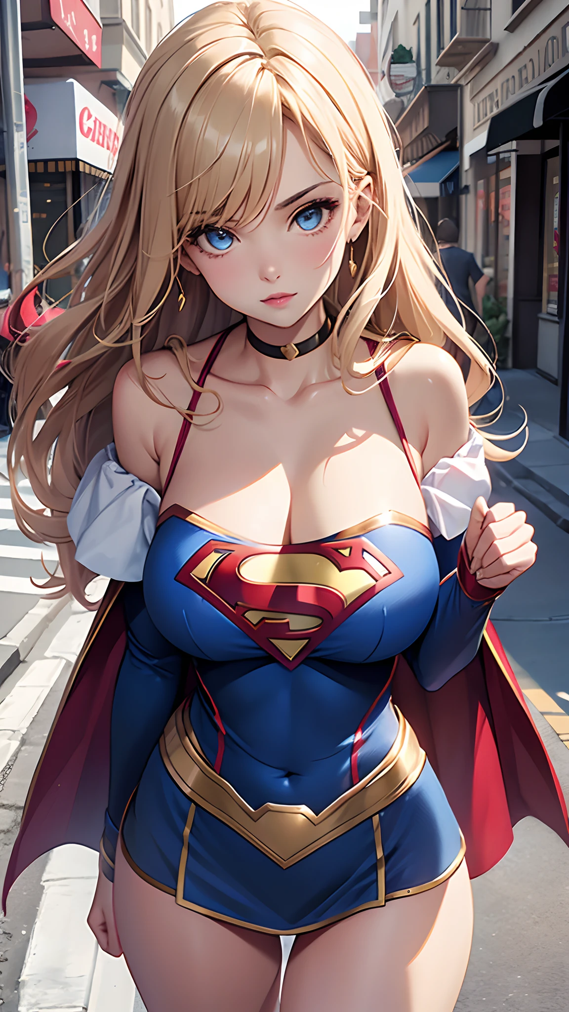 Woman body set big breasts,Supergirl costume dress,Cut clothes,Close-up,Off-the-shoulder attire,Charming,perfect bodies,the street,nabel,Abdominal vest line
