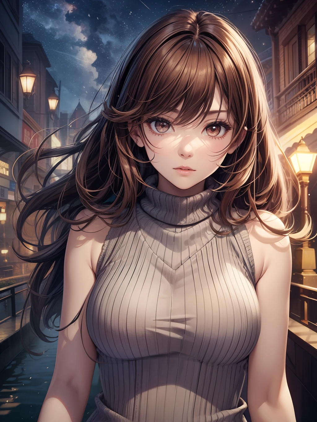 Best Quality, masutepiece, beautiful mature women、Beautiful face、Strong-minded woman、Sleeveless knitwear、brown haired、Brown-eyed、Medium Long Hair、Full body like、Undersized eyes、Suspension bridge、nighttime scene