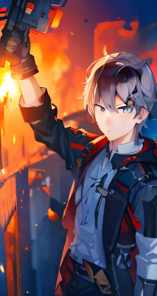 He is high on his gun，Flames are lit around，with a determined look in his eyes，Gray hair，《Honkai：Star Dome Railway》Scenes, expressionistic、Contemporary art, JPEG compression artifacts, Three-dimensional painting, reflective light, Precise details, tmasterpiece, 4K，Black storm jacket，Golden pupils,White shirt with black coat，quadratic element，He's male，The sleeves are also black，Gold cuffs