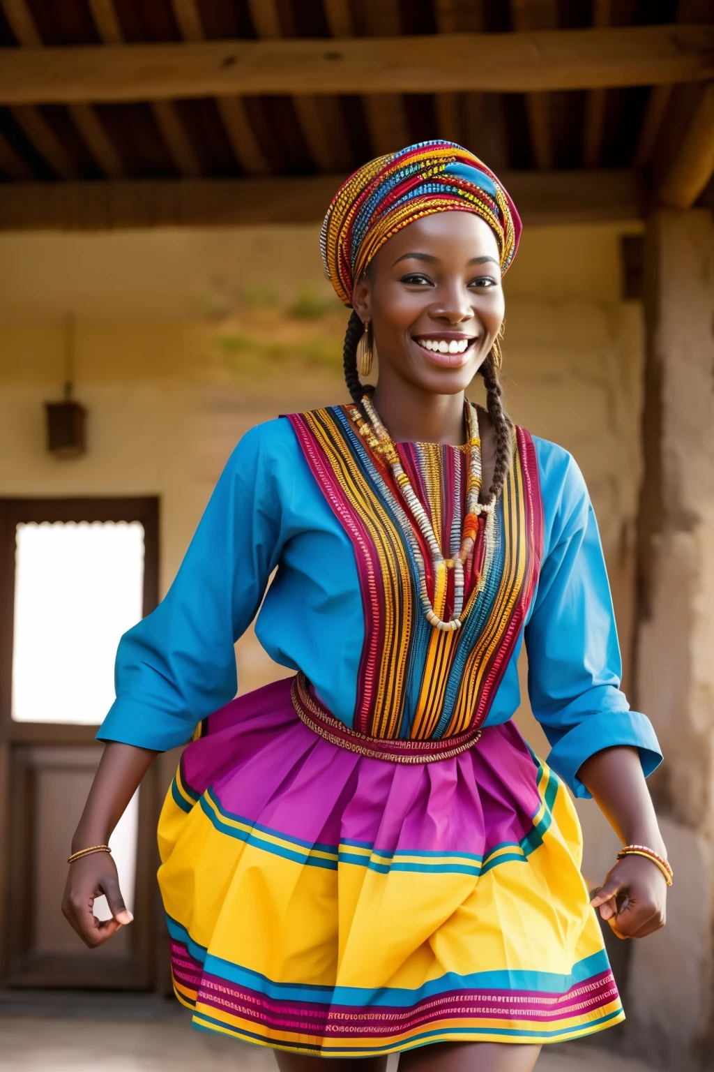 Beautiful happy smiling african woman dancing with flying braids in fully covered traditional clothes