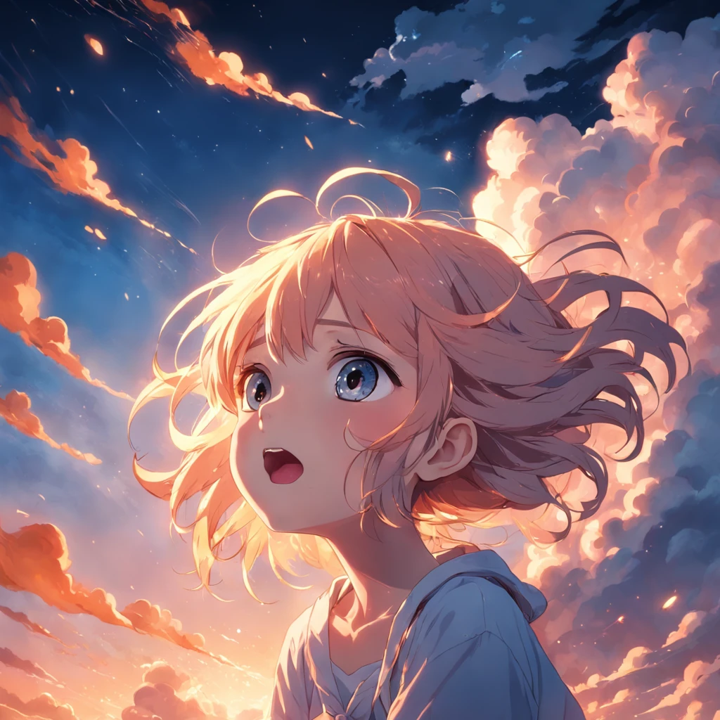 masterpiece, best quality, movie still, 1girl, cloud girl, floating in the sky, close-up, bright, happy, warm soft lighting, sunset, (sparks:0.7)