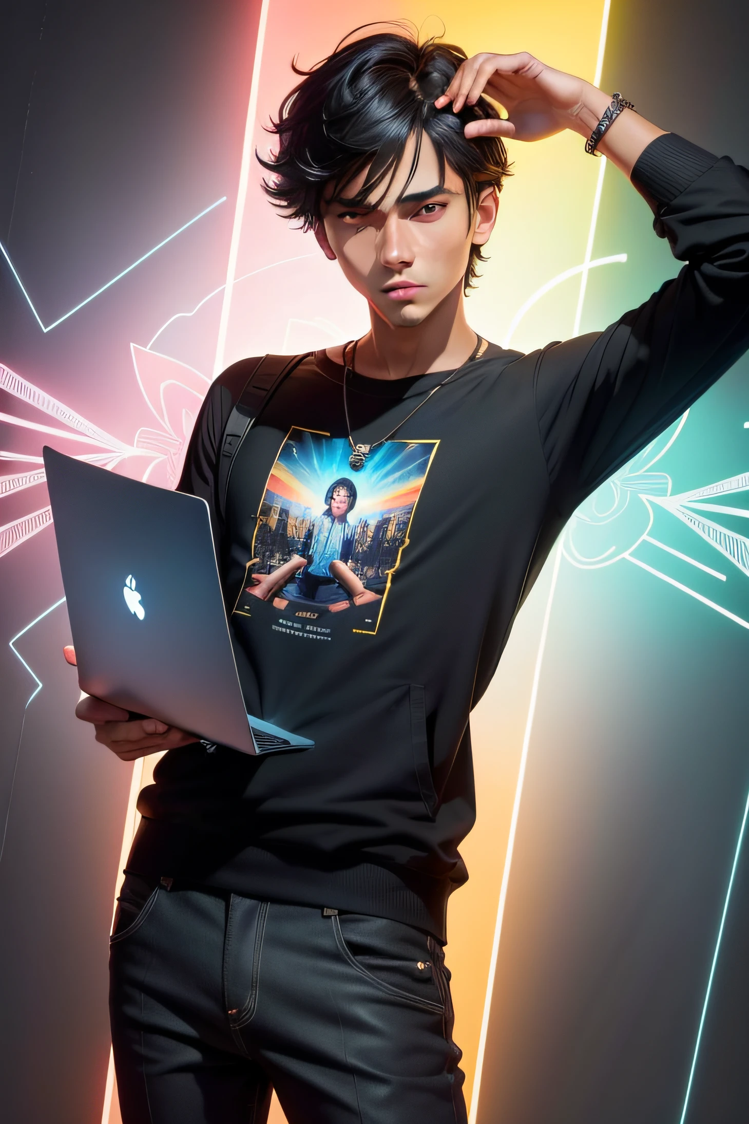Discover the unique energy and laid-back attitude of the young man with silky black hair, slightly tanned skin, dressed in stylish clothes. he is a rich guy, he works as an advertisement designer with a laptop and a DRAW pen in this detailed and vivid image. Adorned with vibrant colors and DIFFERENT LIGHT, this young man embodies freedom of expression and seeks deep connection with nature. His bright and focused eyes reveal a passion for design and the art of drawing. Multicolored rays of light emitted from your mixer create a magical and enveloping atmosphere all around you. Sinta-se inspired(a) to capture the essence of this psychedelic portrait, conveying a message of unity and harmony through its visual interpretation, when you let yourself Get caught up in this designer guy's contagious energy and his relentless journey to connect with design and creativity. a sign with a light on it, with the words "2D DECOR" on it.
