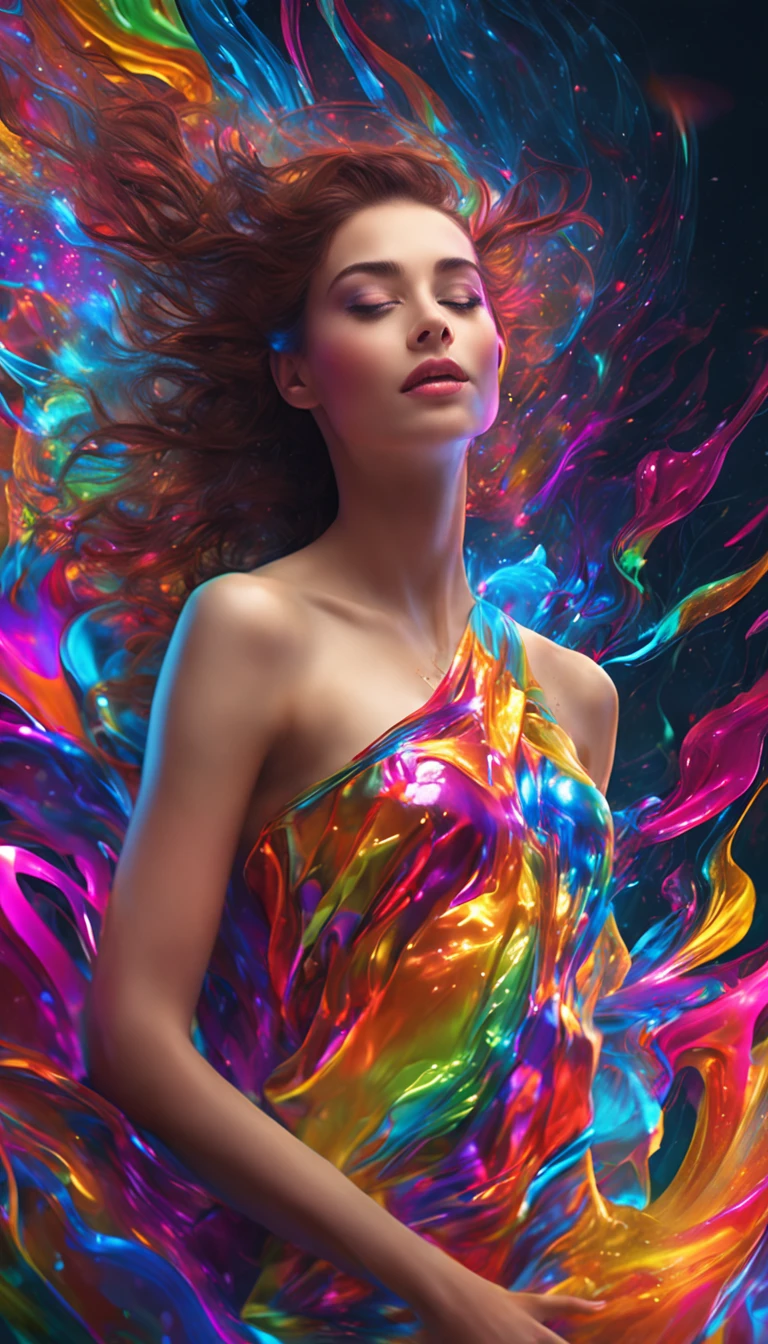 Amongst the cascading waterfalls, a stunning girl glistened like a precious gem, her beauty rivaling the sparkling droplets. Her unique blend of modern and beautiful styles reflected her vibrant personality and brought joy to all who witnessed her charm, high shine and glow, neon multicolor art