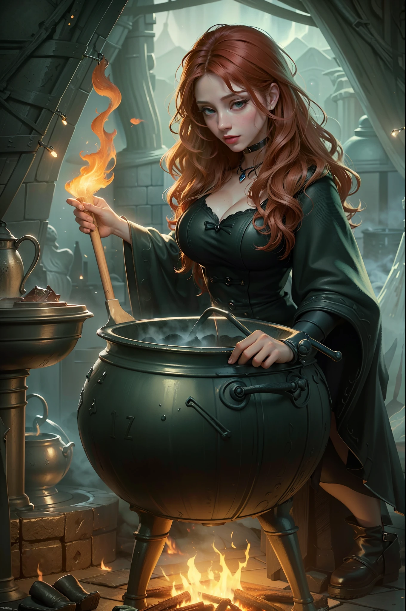 high details, best quality, 16k, RAW, [best detailed], masterpiece, best quality, (extremely detailed), full body (best details, Masterpiece, best quality), , ultra wide shot, photorealistic, fantasy art, RPG art, D&D art, a picture of a woman, witch brweing dark matter over big cauldron in the fire place, middle aged woman, exquisite beautiful woman (best details, Masterpiece, best quality), ultra detailed face (best details, Masterpiece, best quality), red hair, long hair, wavy hair, dynamic eye color, pale skin, black dress (best details, Masterpiece, best quality), wearing black boots, large boilng cauldron, black cauldron, green mists GlowingRunes_green, coming from cauldron, a stove, middles ages house background, dim fire light, High Detail, Ultra High Quality, High Resolution, 16K Resolution, Ultra HD Pictures, 3D rendering Ultra Realistic, Clear Details, Realistic Detail, Ultra High Definition Waiting to start