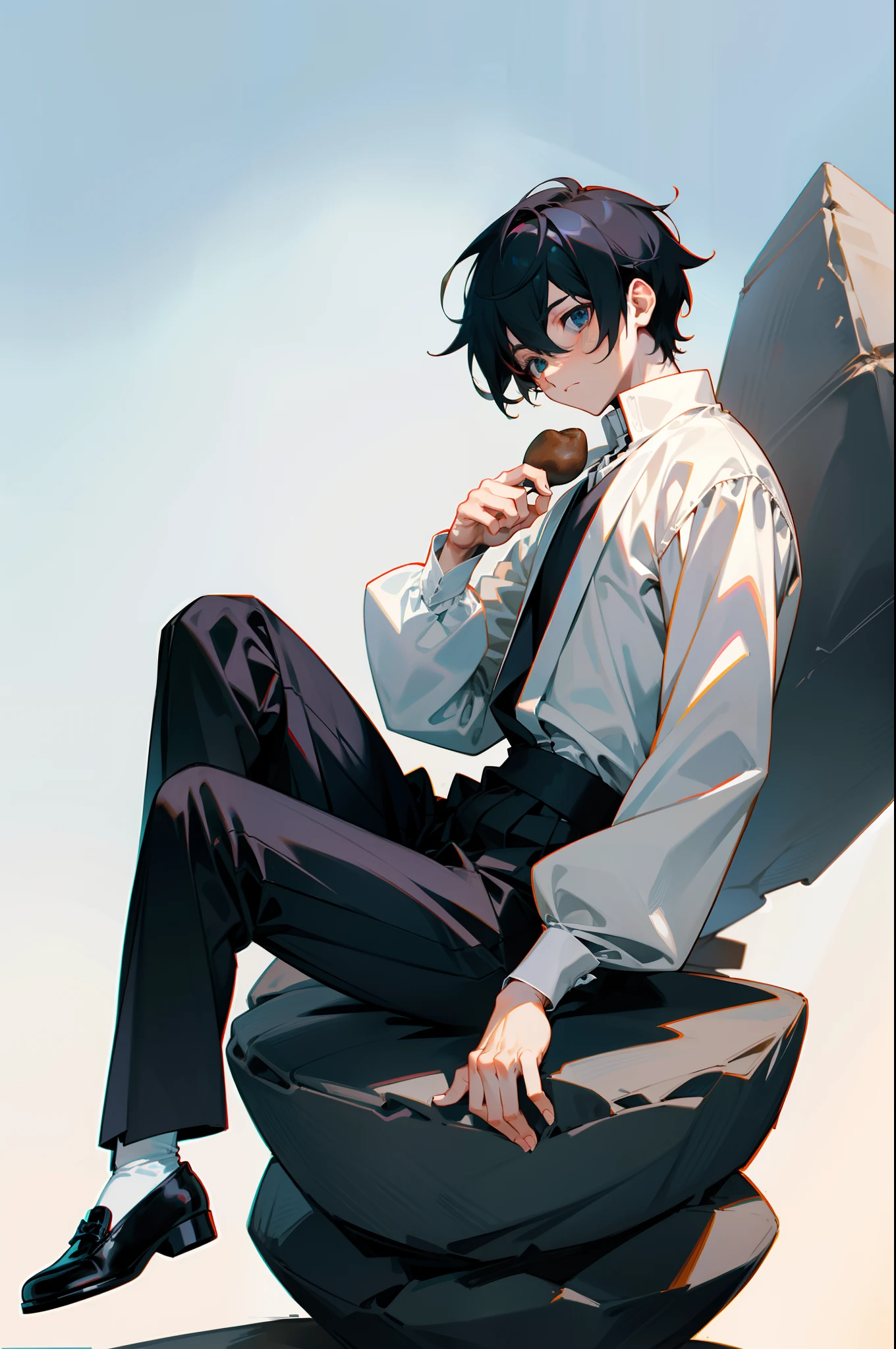 Anime boy side full body 1 man sitting cross-legged on a large rock, wearing a period costume, white placket, placket, long sleeves, holding a potato in his hand, wearing black loose pleated trousers and black cloth shoes underneath