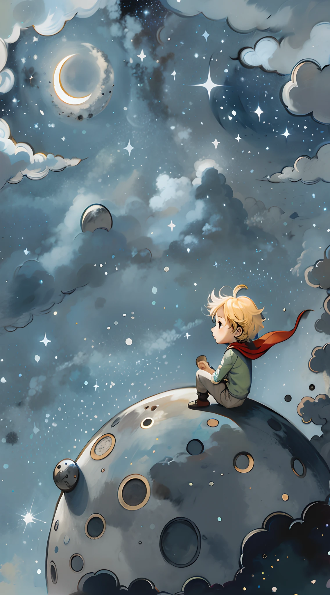 there is a boy sitting on a moon with a cape on, the prince, sitting on the cosmic cloudscape, sitting on a moon, illustration for children, children’s book illustration, children's book illustration, children book illustration, children's illustration, childrens book illustration, childrenbook illustration, kids book illustration, illustration!, epic full color illustration, full color illustration