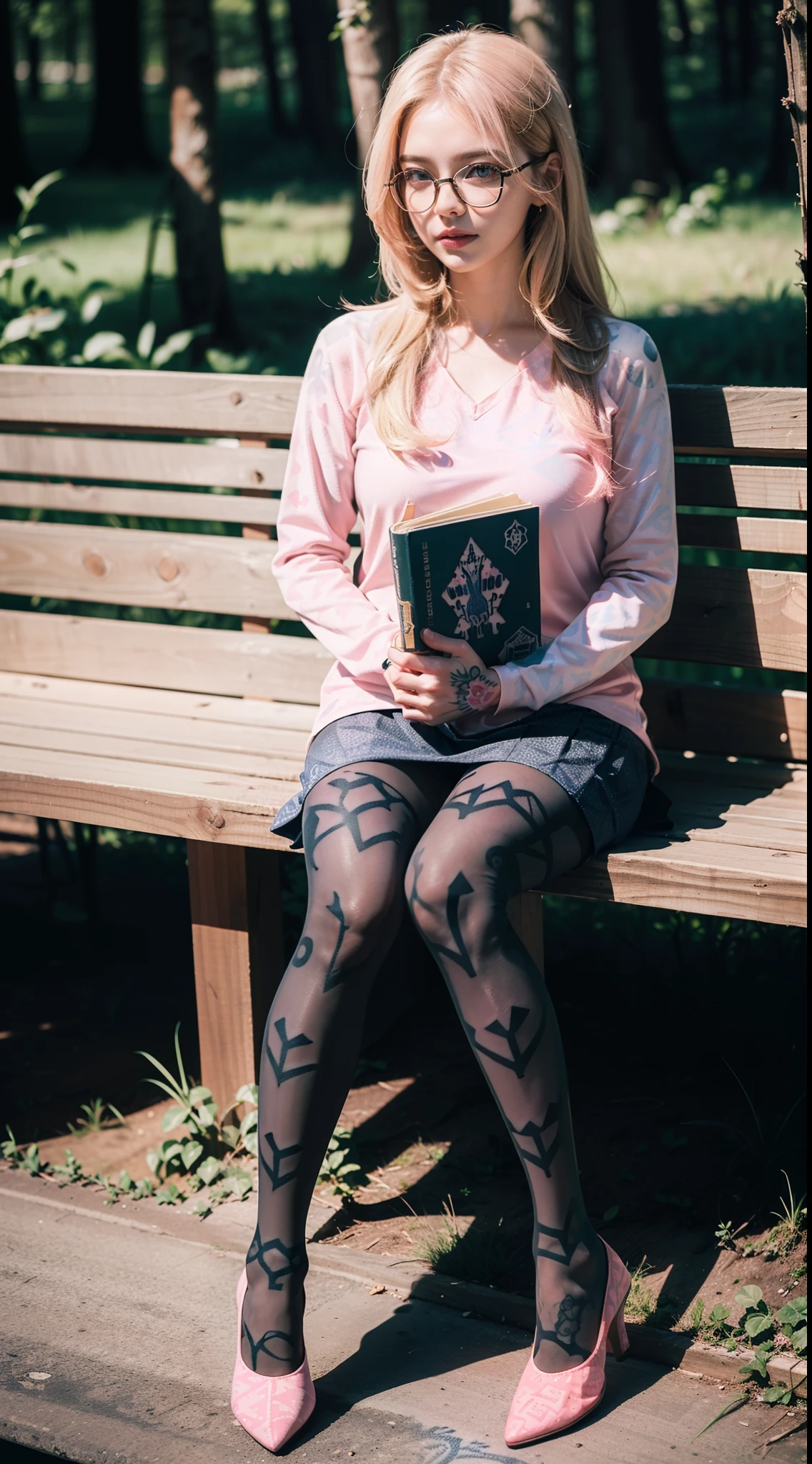 (full body:1.5),(((1girl)):1.3),(view the viewer:1.4),((anatomy correct):1.45),((Sitting in the forest):1.2),(He wears large glasses and holds a book in his hand:1.15),(shy:1.15),((nursing type uniform):1.2),(((((((Patterned)))))) ,(pantyhose):1.3),((((Pink tattoo))):1.3),( Uniform high heels leather shoes with bows for female students:1.1),(Accurate and perfect face:1.3),(Blue-eyed blonde:1.2),hyper HD, Ray traching, reflective light, structurally correct, Award-Awarded, high detail, lighten shade contrast, Face lighting ,cinematic lighting, masterpiece, super detailing, high quality, high detail, best quality, 16k,High contrast,