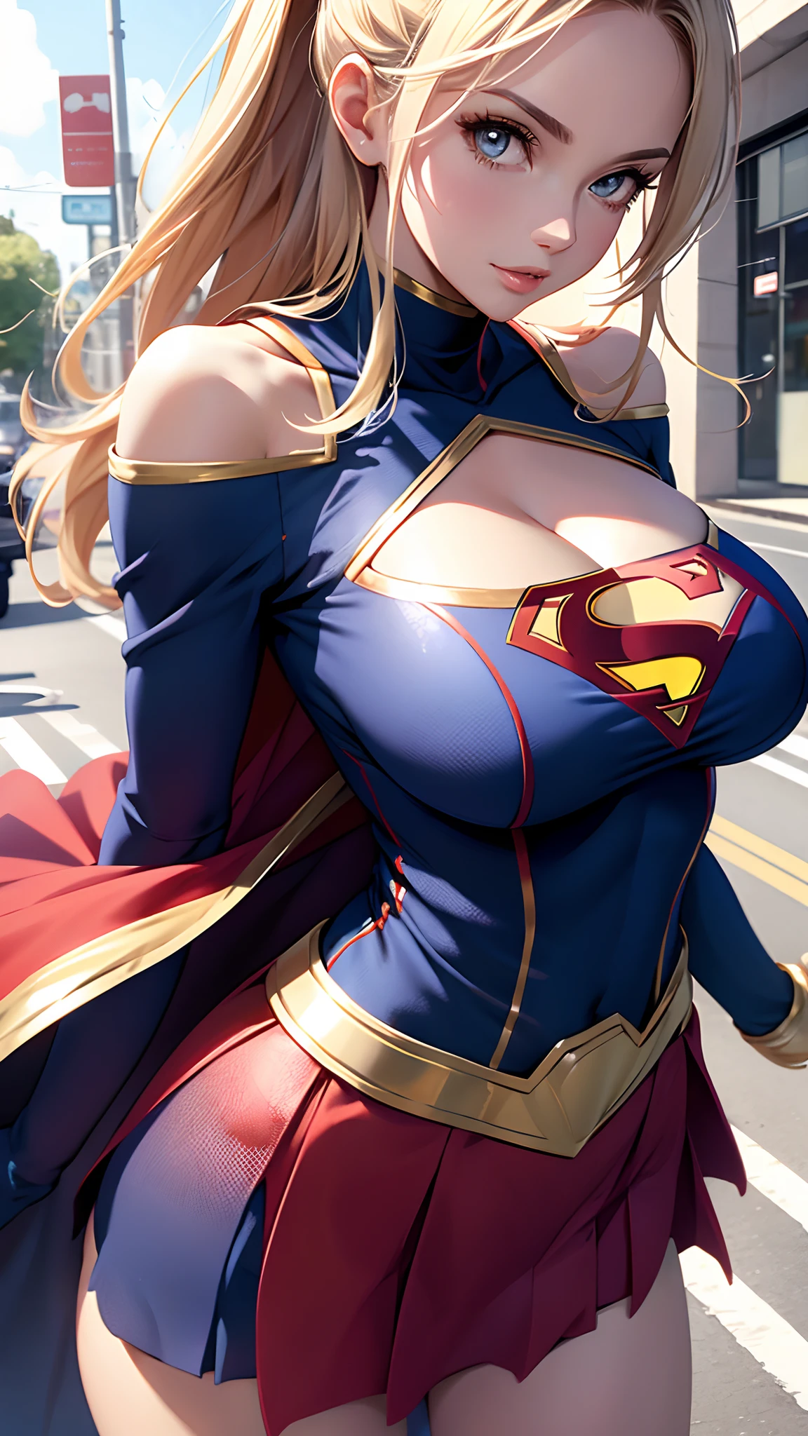 Woman body set big breasts,Supergirl costume dress,Cut clothes,Close-up,Off-the-shoulder attire,Charming,perfect bodies,the street,nabel,Abdominal vest line