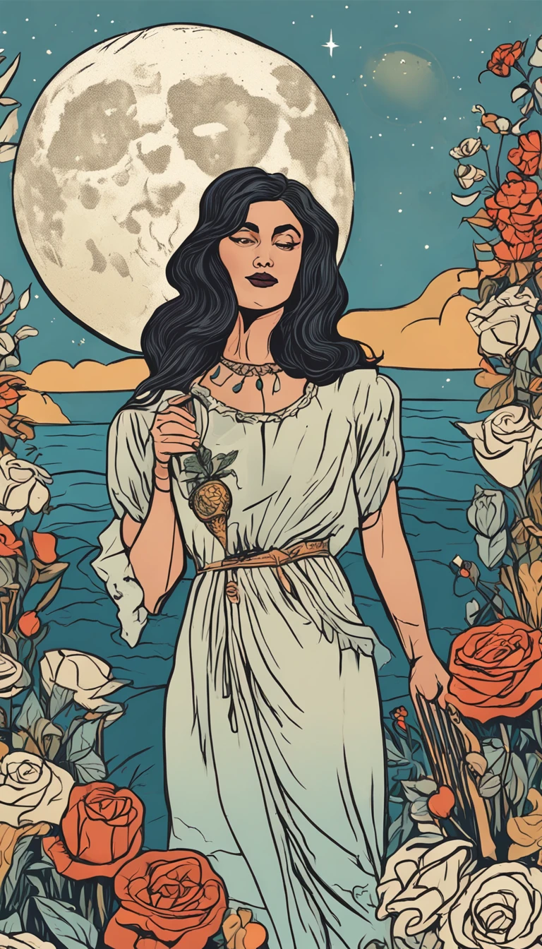 tarot card background,A dark-haired woman holds a bouquet of white roses in her left hand,standing near a cliff,The right hand holds the scepter,There are bags on it,There are white clouds all around,The sun is bright,blue backdrop,There is a white cat at his feet